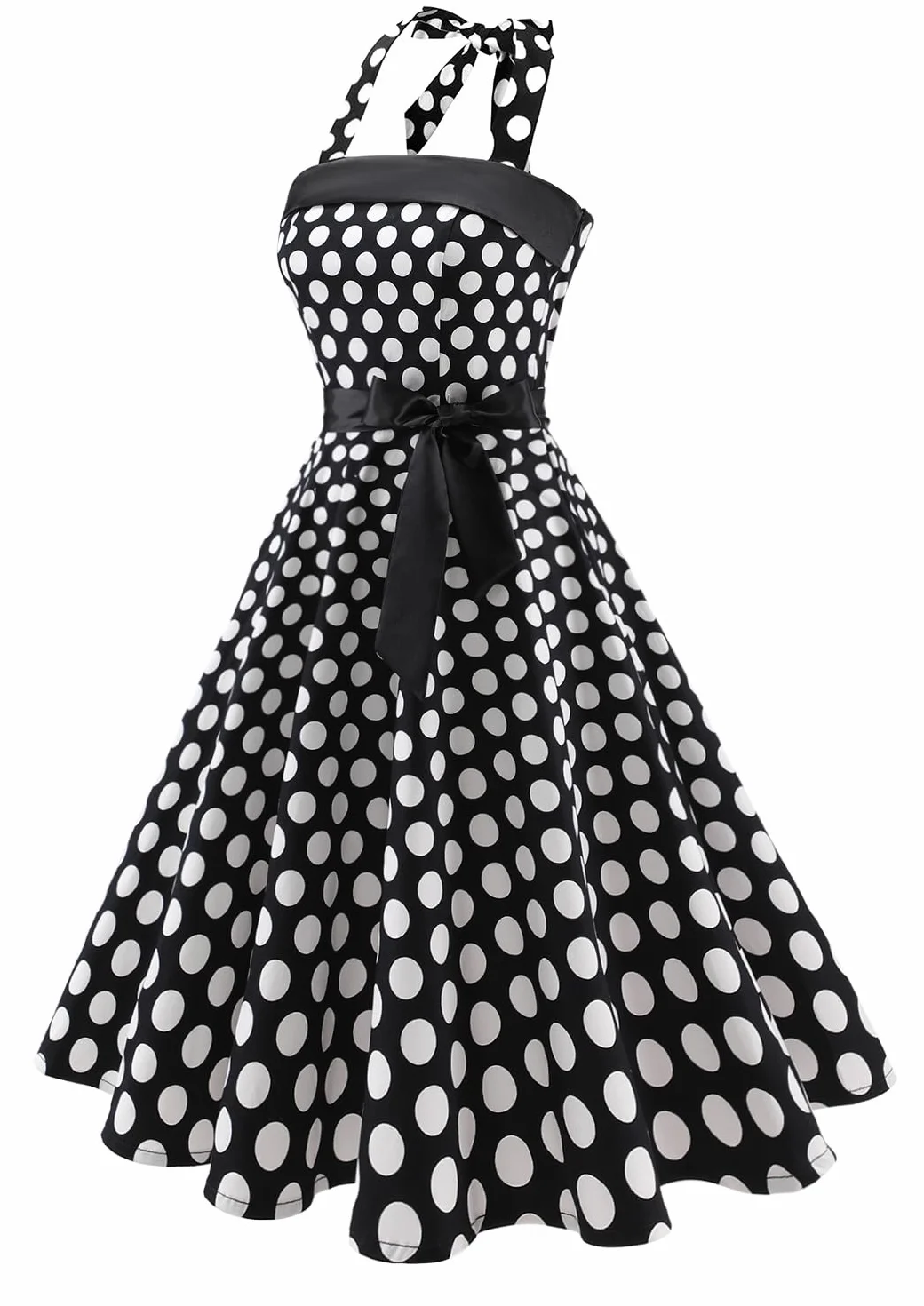Damska sukienka koktajlowa w stylu vintage, długość do kolan, z wiązaniem na szyi, swing, retro,