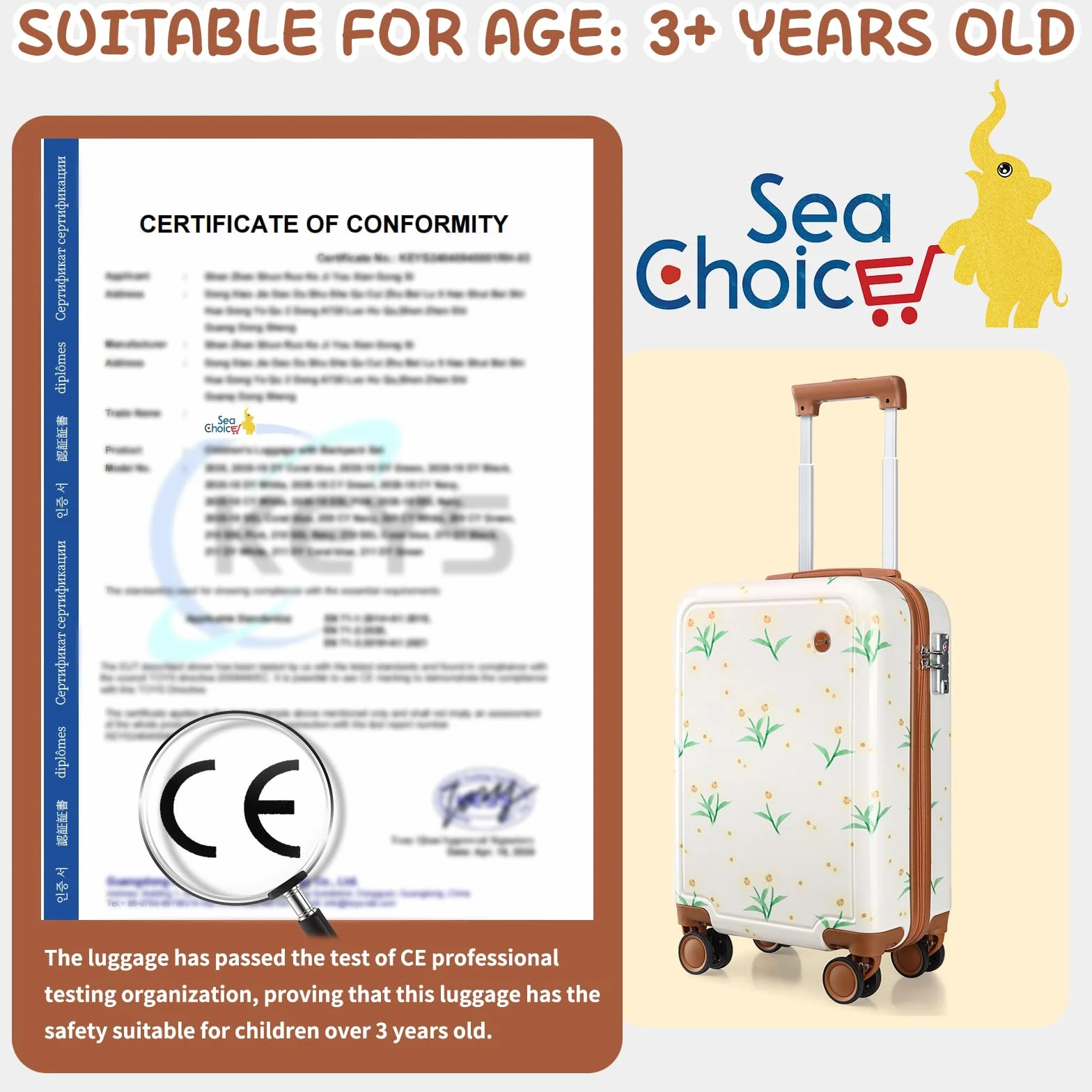Sea choice Walizka dziecięca z zestawem plecaka, bagaż podręczny, 18 cali, lekka, twarda obudowa, walizka na kółkach, walizka podróżna dla chłopców i dziewczynek, zamek błyskawiczny YKK, z 4 kółkami
