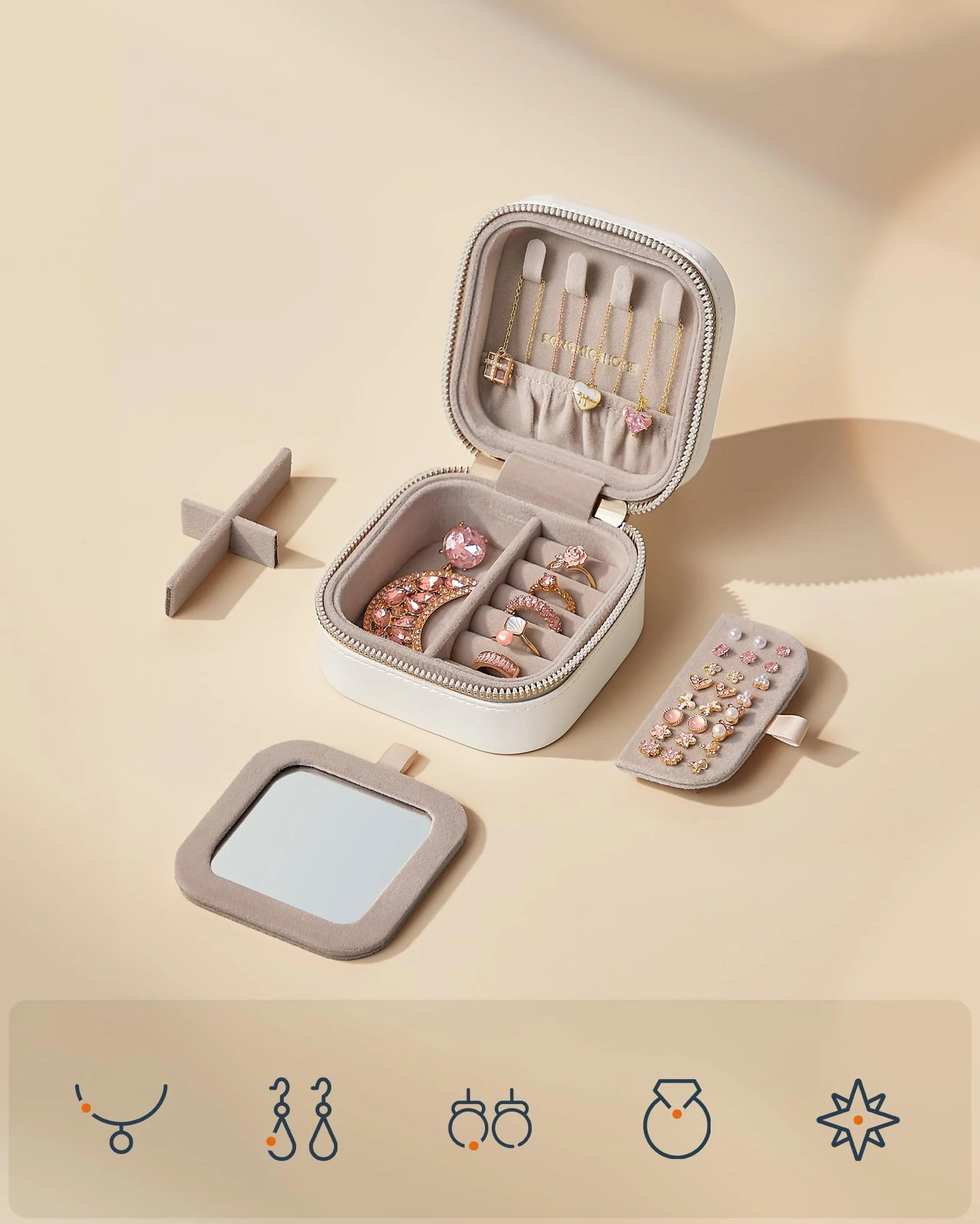 SONGMICS HOME Kolekcja ANAH - Podróżne pudełko na biżuterię, mały schowek na biżuterię z lusterkiem, 10,5 x 10,5 x 6 cm, PU ze szwami, zamek błyskawiczny, pomysł na prezent, chmurna biel JBC179W01
