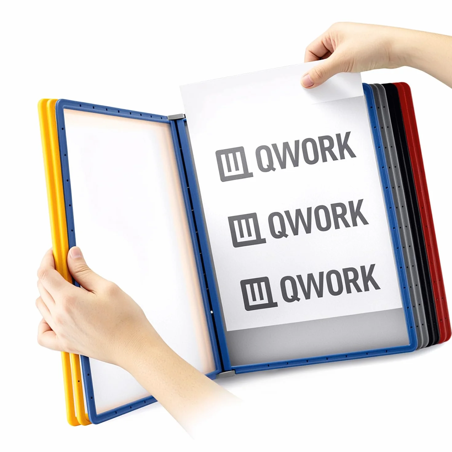 QWORK® System wystaw ściennych - 10X paneli ekspozycyjnych A4 - Wielokolorowe teczki na dokumenty do sal wystawowych, restauracji, biur, miejsc publicznych