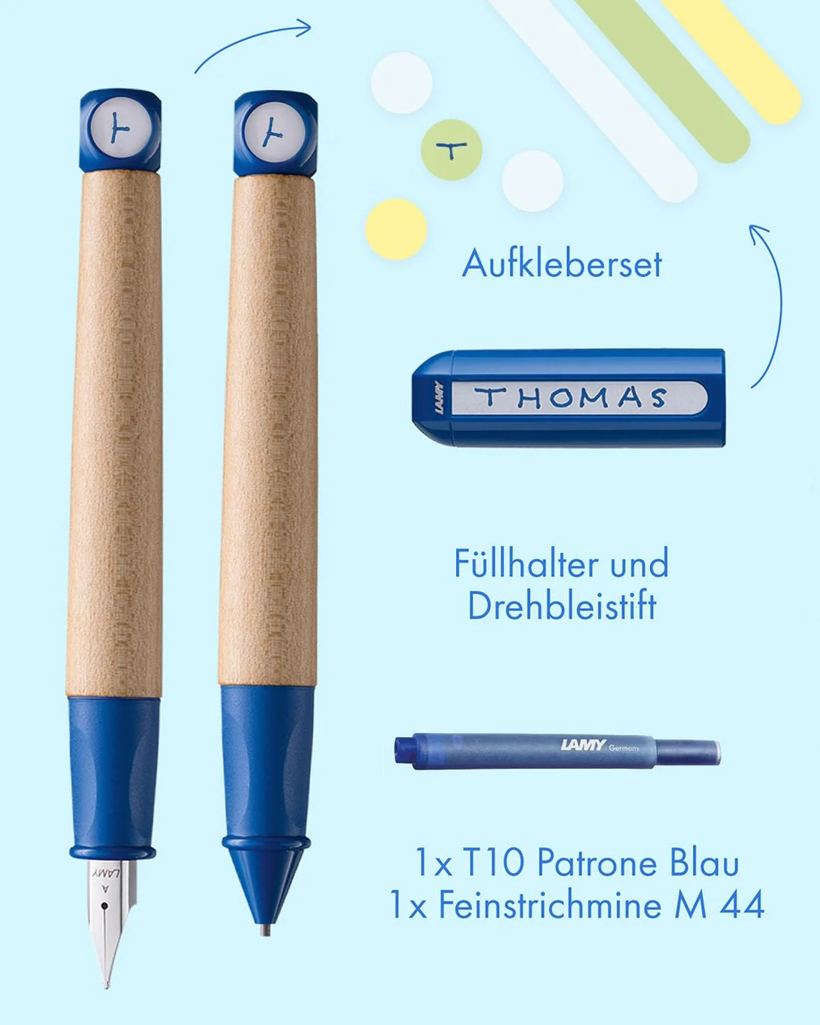 Lamy abc zestaw do nauki pisania niebieski wraz z opakowaniem na prezent, 1 x pióro z cienkiej piór i 1 ołówek, antypoślizgowy uchwyt, nasadka i kostka z tworzywa sztucznego