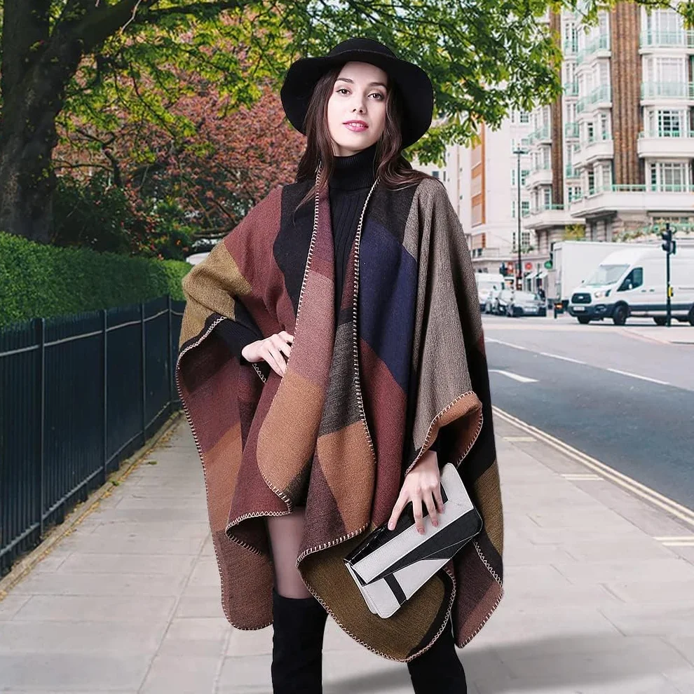Women Poncho Cape Open Front Spring Cardigan Lady Reversible Free Size Cape Printed Oversized Warm Wraps Checked Knitted Tartan Blanket Bohemia Long Geometric Pattern Shawl