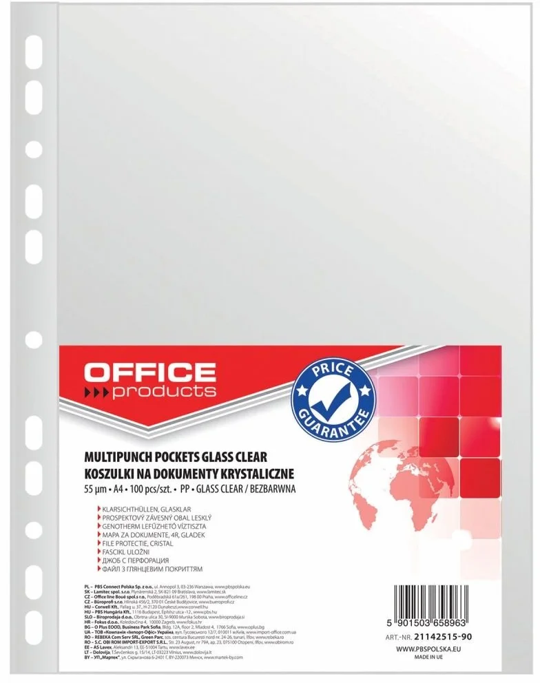 Koszulki na Dokumenty OFFICE PRODUCTS PP A4 Krystal 55mikr 100szt / Archiwizacja Dokumentów/Typ-Krystaliczne/Rodzaj-Standard/Materiał-Pp/Kolor-Transparentny/Grubość (mm)-55µm / Format-A4