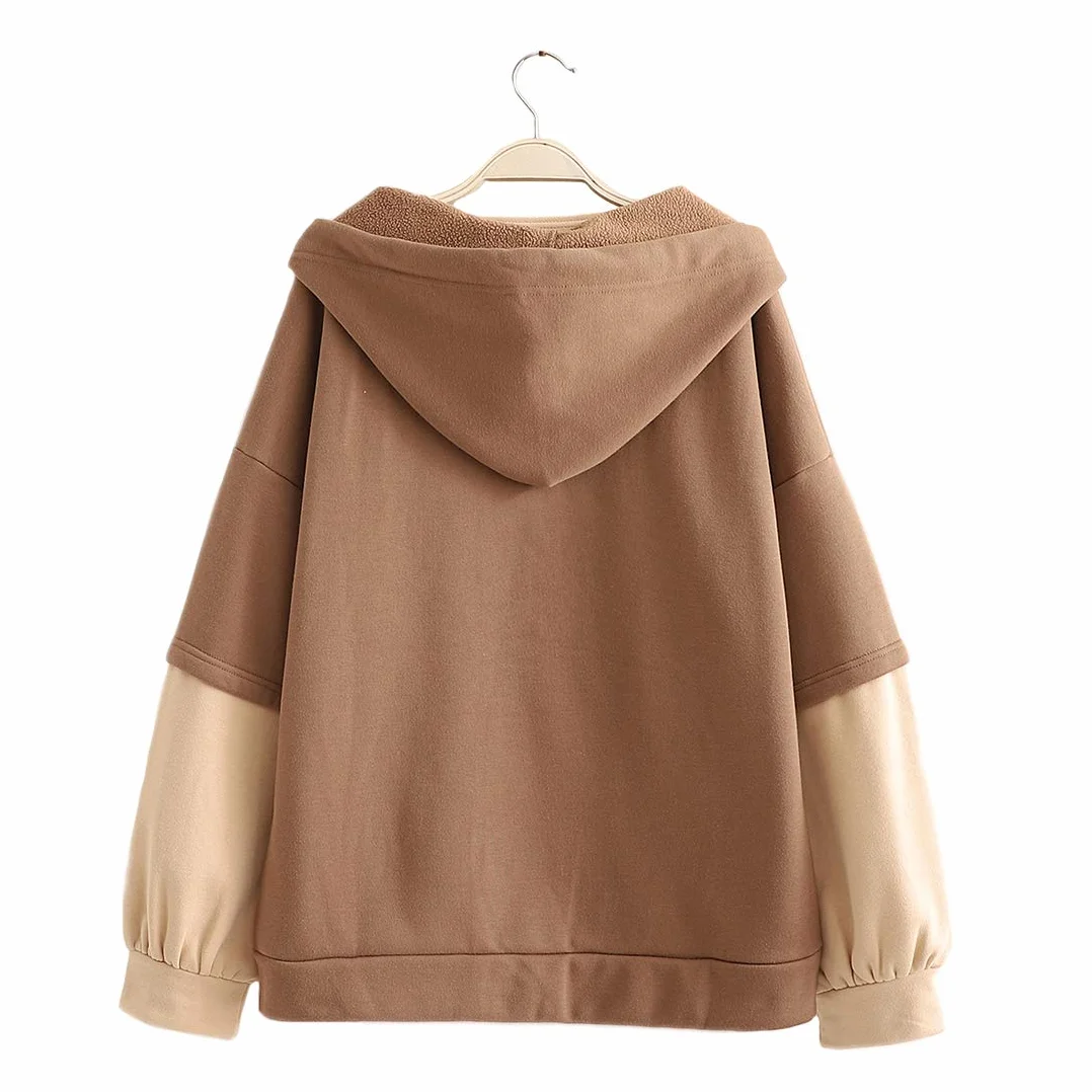 Kawaii bluza z kapturem dla nastolatków, uroczy niedźwiedź, mleko, herbata, łata, haft, pulower, topy z kapturem, dwuczęściowy, aksamitne luźne bluzy z kapturem, Brązowy, Jeden rozmiar
