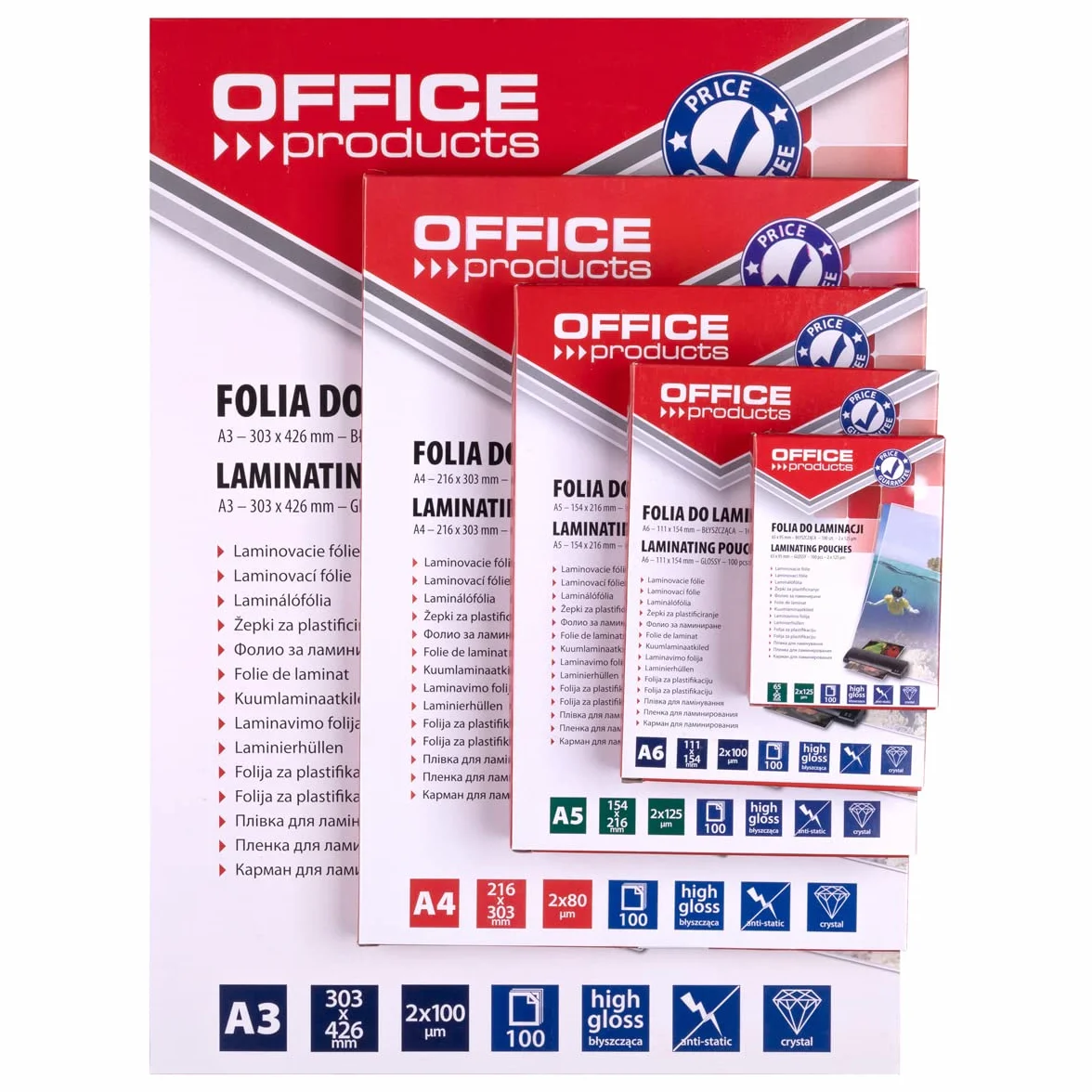 Folia do Laminowania OFFICE PRODUCTS A6 2x100mikr Błyszcząca 100szt Transparentna/Prezentacja/Typ-do Laminowania/Rodzaj-Błyszcząca/Materiał-Plastik/Kolor-Transparentny/Grubość (mm)-2x100µm