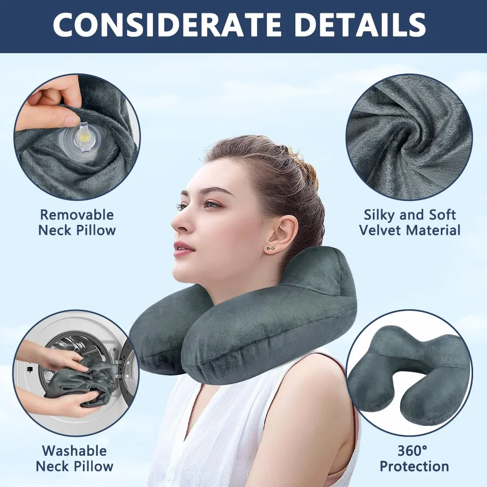 flintronic Nadmuchiwana poduszka podróżna, ultralekka i kompaktowa poduszka powietrzna, miękki aksamit, zmywalna poszewka na poduszkę, ergonomiczna poduszka na szyję, idealna do biura samolotu