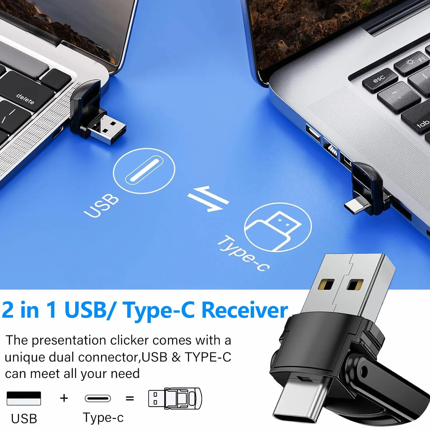 2 w 1 USB typu C Prezentacja Clicker do prezentacji PowerPoint, 2,4 GHz ładowalny bezprzewodowy prezentator pilot prezentacyjny wskaźnik slajdów Advancer PPT Clicker do komputera Mac laptopa