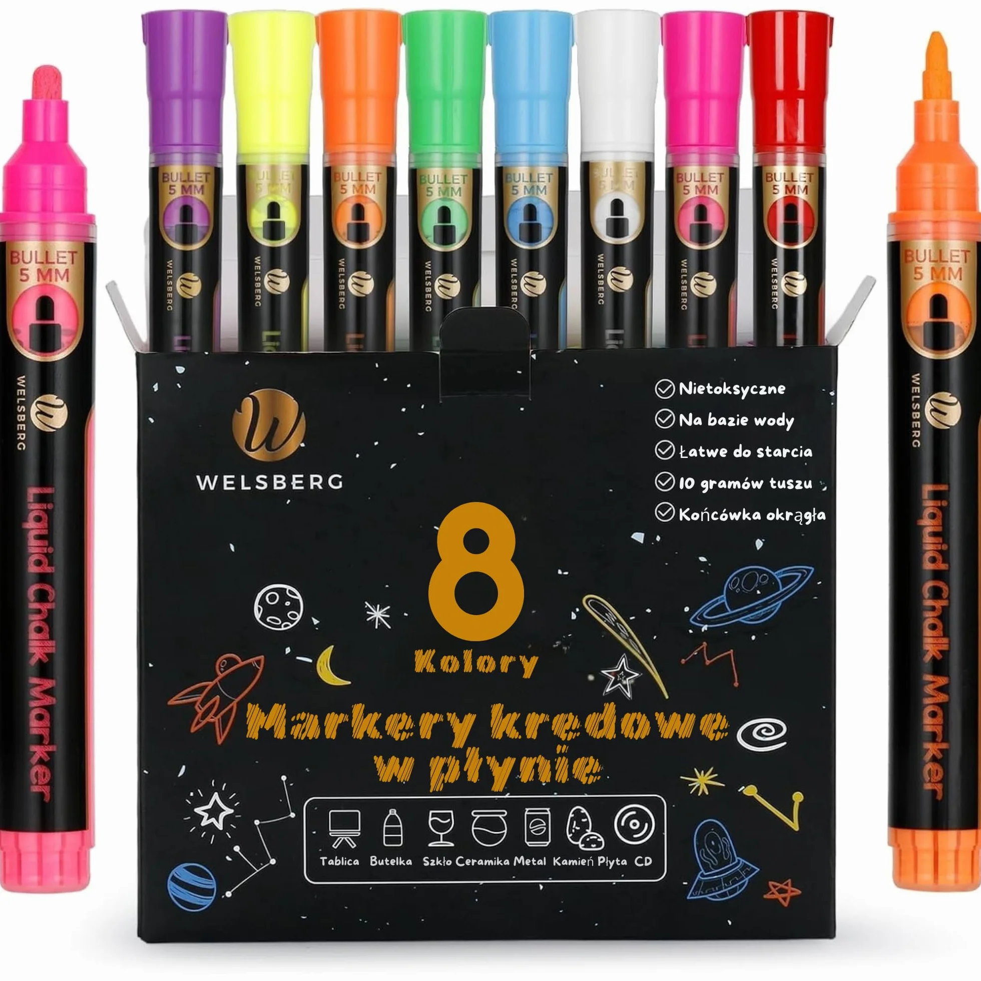 Płynne markery kredowe, 8 pisaki kredowe sucho- i mokrościeralne do tablic, okien, szkła, wymazywalny tusz, 5 mm dwustronna końcówka, tusz jumbo - do szkoły, biura, domu