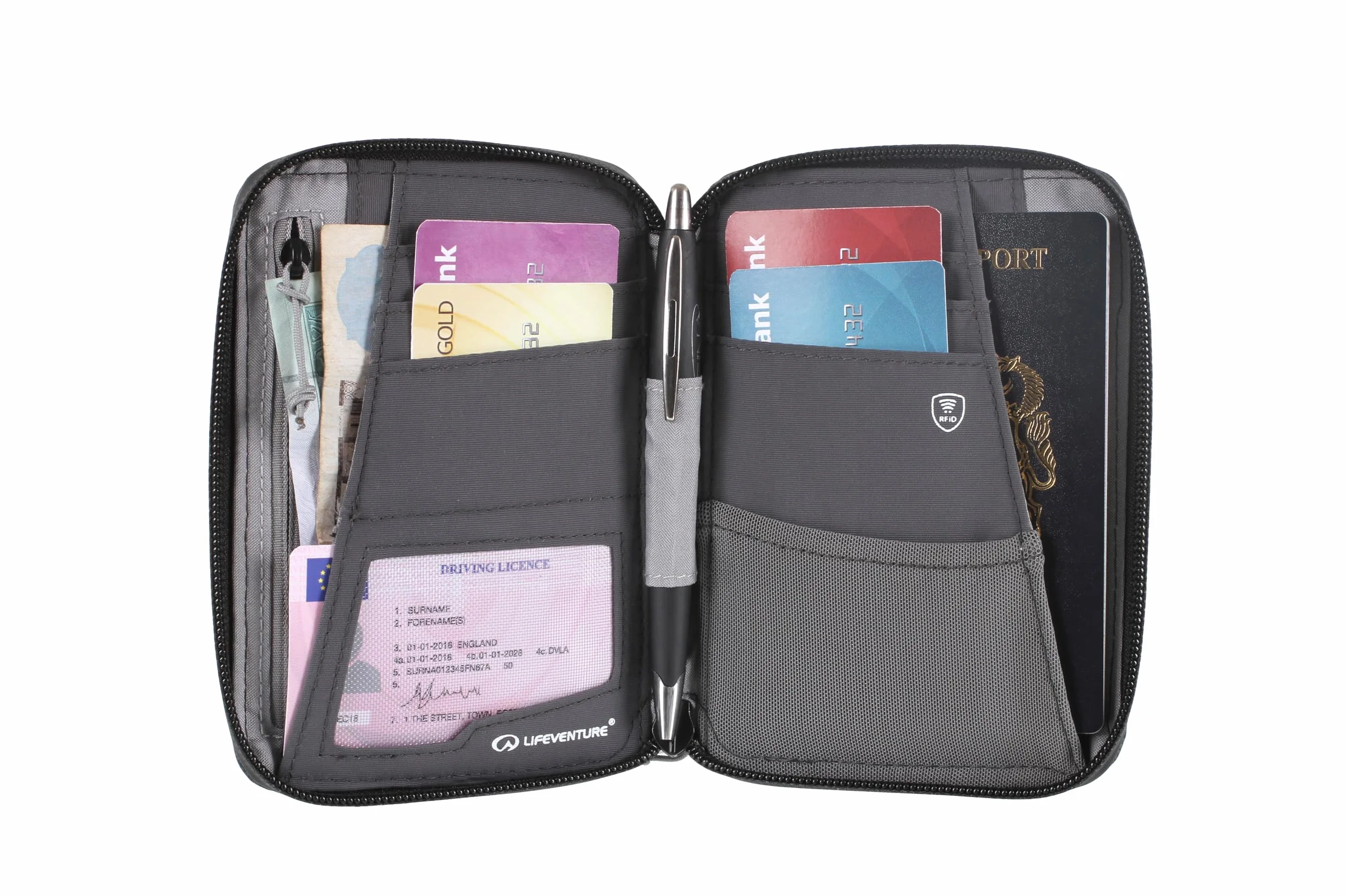 Lifeventure Mini portfel podróżny z ochroną RFID – składany portfel z zamkiem błyskawicznym i etui na paszport do podróży, przyjazny dla środowiska, materiał nadający się do recyklingu (szary)