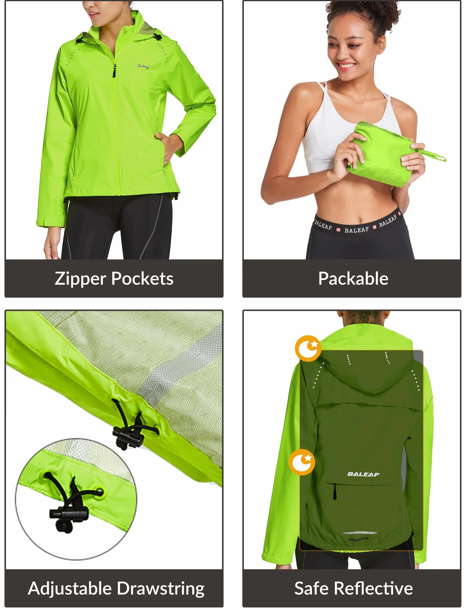 baleaf Kurtki wodoodporne damskie Kurtka rowerowa damska Kurtki lekkiej wagi damskie Kurtki outdoorowe Kurtki przeciwdeszczowe spakowalne Kurtki do biegania Kurtki wiatroodporne Kurtki do wędrówek, XL