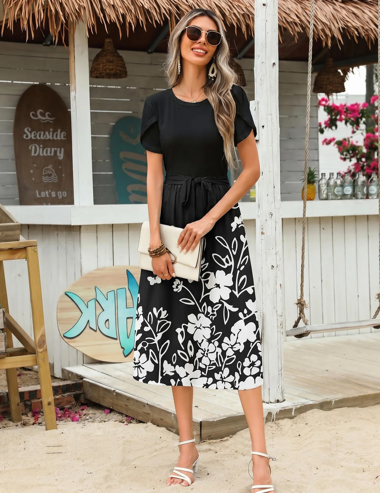 ZEAGOO Letnia sukienka damska, elegancka sukienka z krótkim rękawem, okrągły dekolt, sukienka midi, linia A, sukienka kwiatowa, na co dzień, tunika, sukienka plażowa z kieszeniami, S-XXL