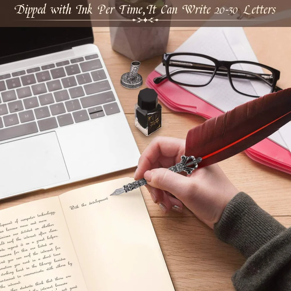 Quill Pen antike Kalligraphie Feder handgemachte Feder und Tinte Set, calligraphy set für englische Schrift, Vintage Executive Briefpapier Geschenk mit Flasche Nib Bases (rot)