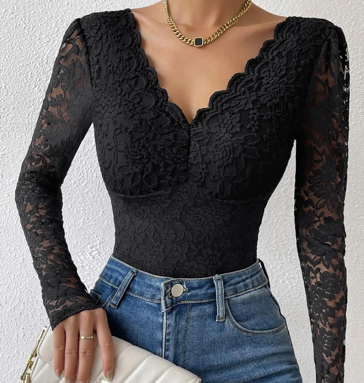 SHEKINI Damskie przezroczyste koronkowe body z długim rękawem body damskie eleganckie body damskie koronkowe z zapiekanym brzegiem dekolt w serek bielizna modelująca seksowna bielizna