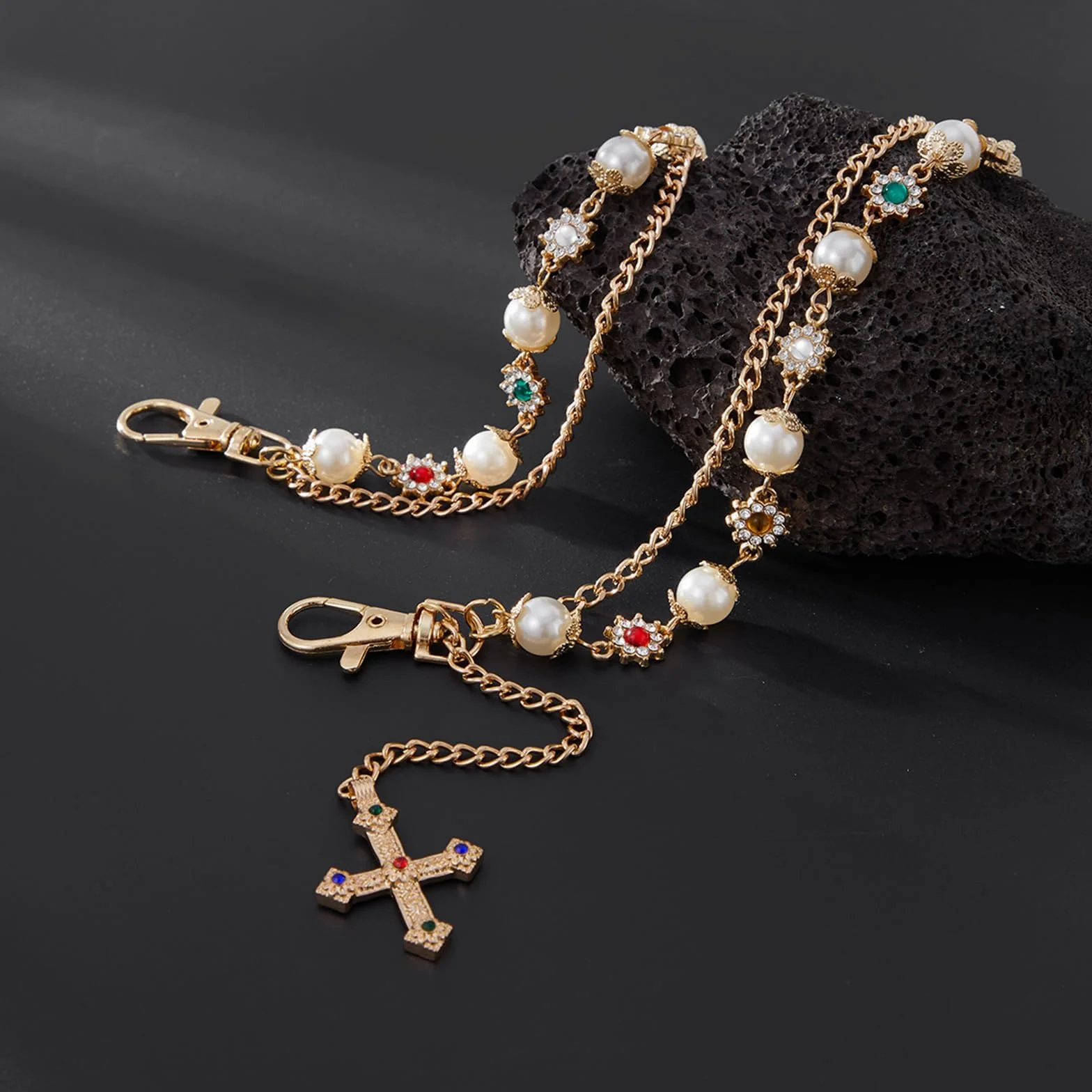 Wielowarstwowy łańcuszek do spodni z koralikami i wisiorkiem w kształcie krzyża, modny dla kobiet i mężczyzn, Punk Y2K Wallet Chain Gold do dżinsów, spodni, kieszeni, sznurka, torebki, portfela