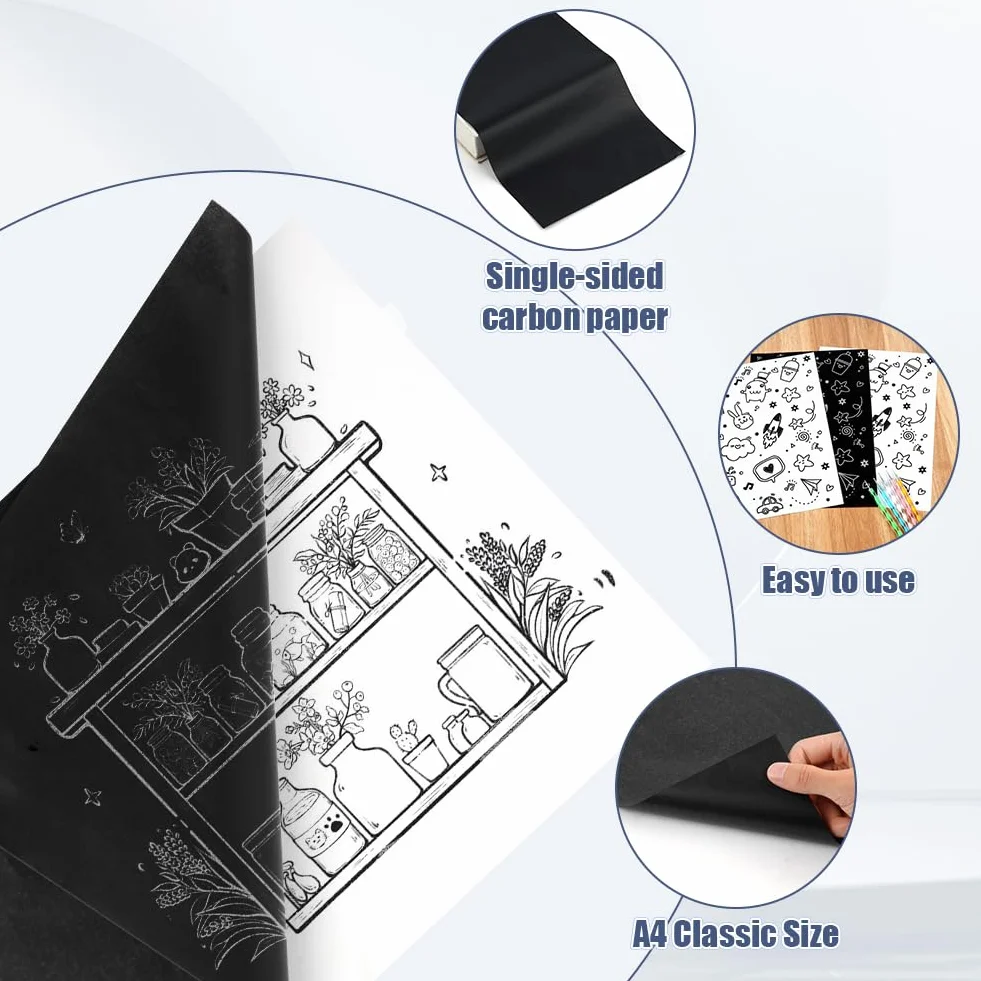OSDUE Czarny papier kalkowy,100 arkuszy, kalka kreślarska A4 papier,czarny papier grafitowy transferowy z 5 rysikami do odrysowywania wzorów na drewnie, tkaninie, płótnie, napisach i szkicach