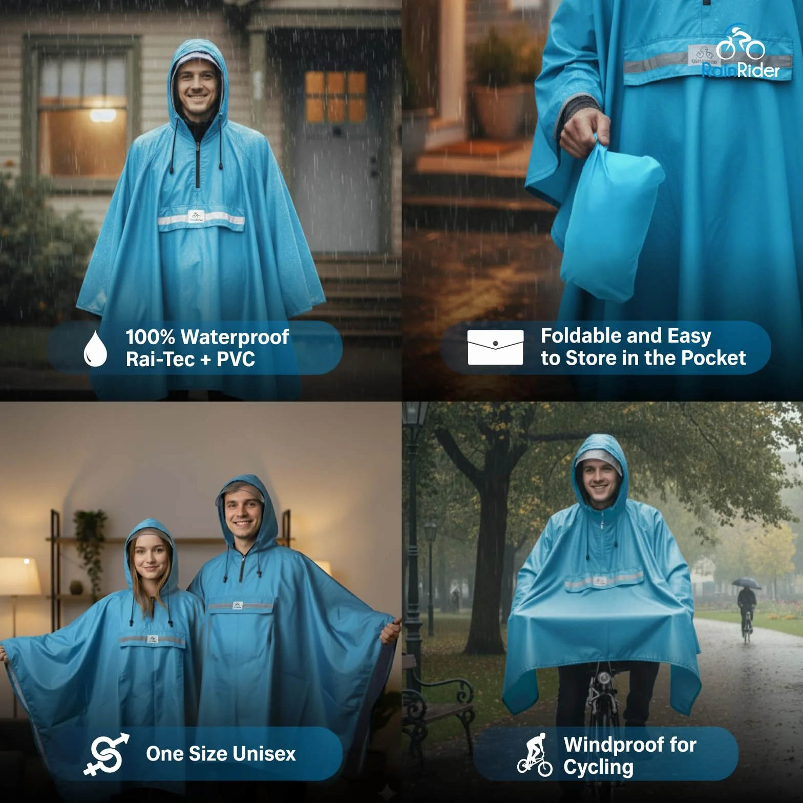 RainRider Ponczo przeciwdeszczowe (horyzont niebieskie) ponczo przeciwdeszczowe na rower, odzież przeciwdeszczowa z kapturem w zestawie z okienkiem, peleryna przeciwdeszczowa rower z paskami