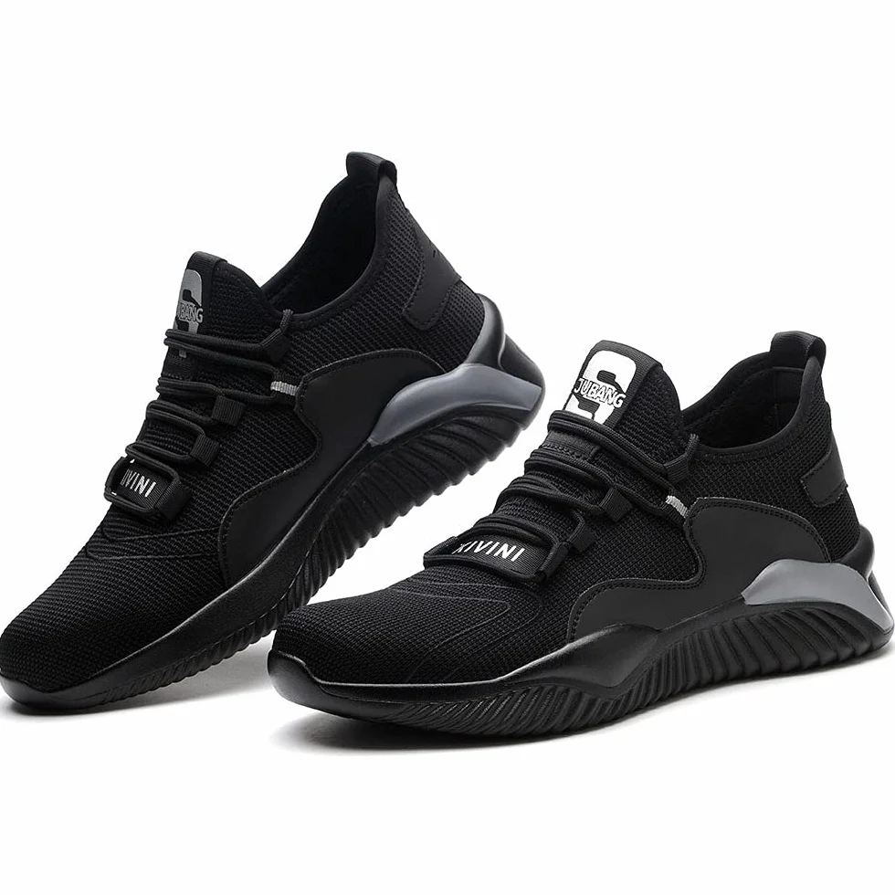 Buty ochronne, dla kobiet i mężczyzn, buty robocze ze stalowym noskiem, lekkie, bezpieczne, sportowe, oddychające, stylowe sneakersy, również do trekkingu, czarny i szary, 43 EU