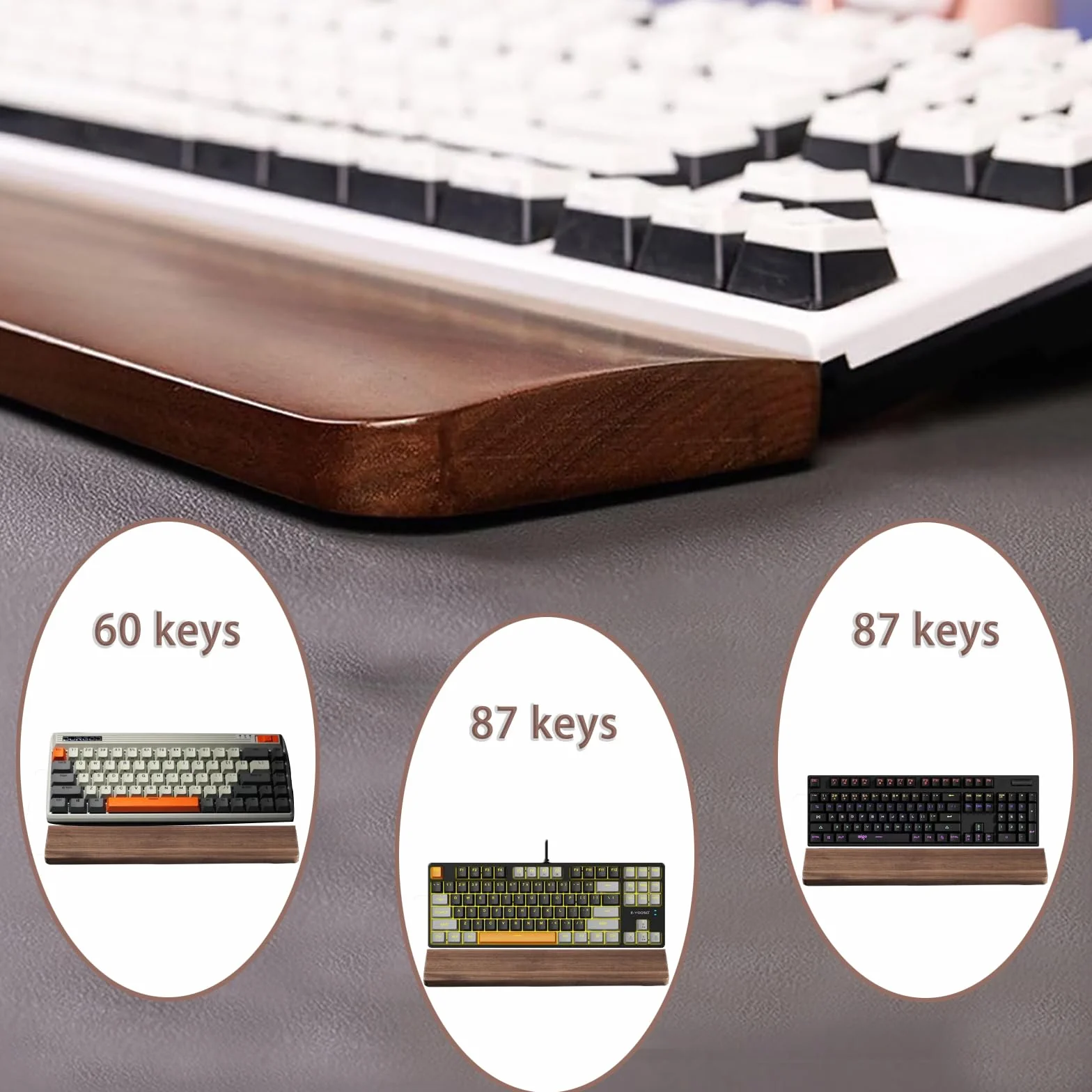 60 klawiszy (30 cm) podpórka pod nadgarstek z litego drewna, antypoślizgowa i ergonomiczna podkładka pod nadgarstek z czarnego orzecha włoskiego, zestaw do biura i gier, dla łagodzenia bólu