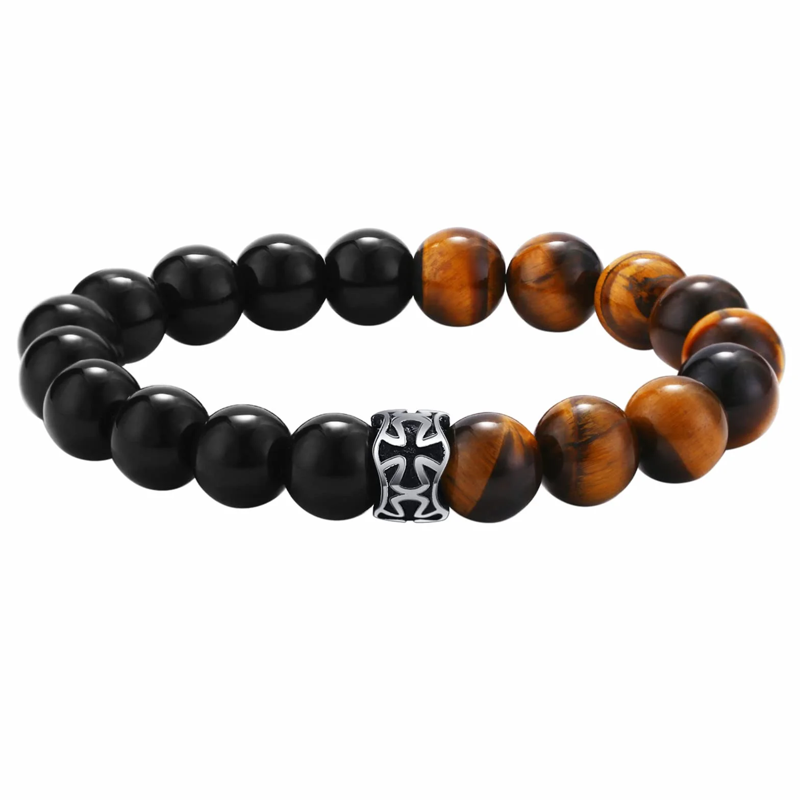 Flongo Męska bransoletka różaniec z zawieszką w kształcie trupiej czaszki, bransoletka z koralikami, kamień tygrysie oko ze stali nierdzewnej, 8 mm/10 mm, bransoletka męska, żółto-czarna