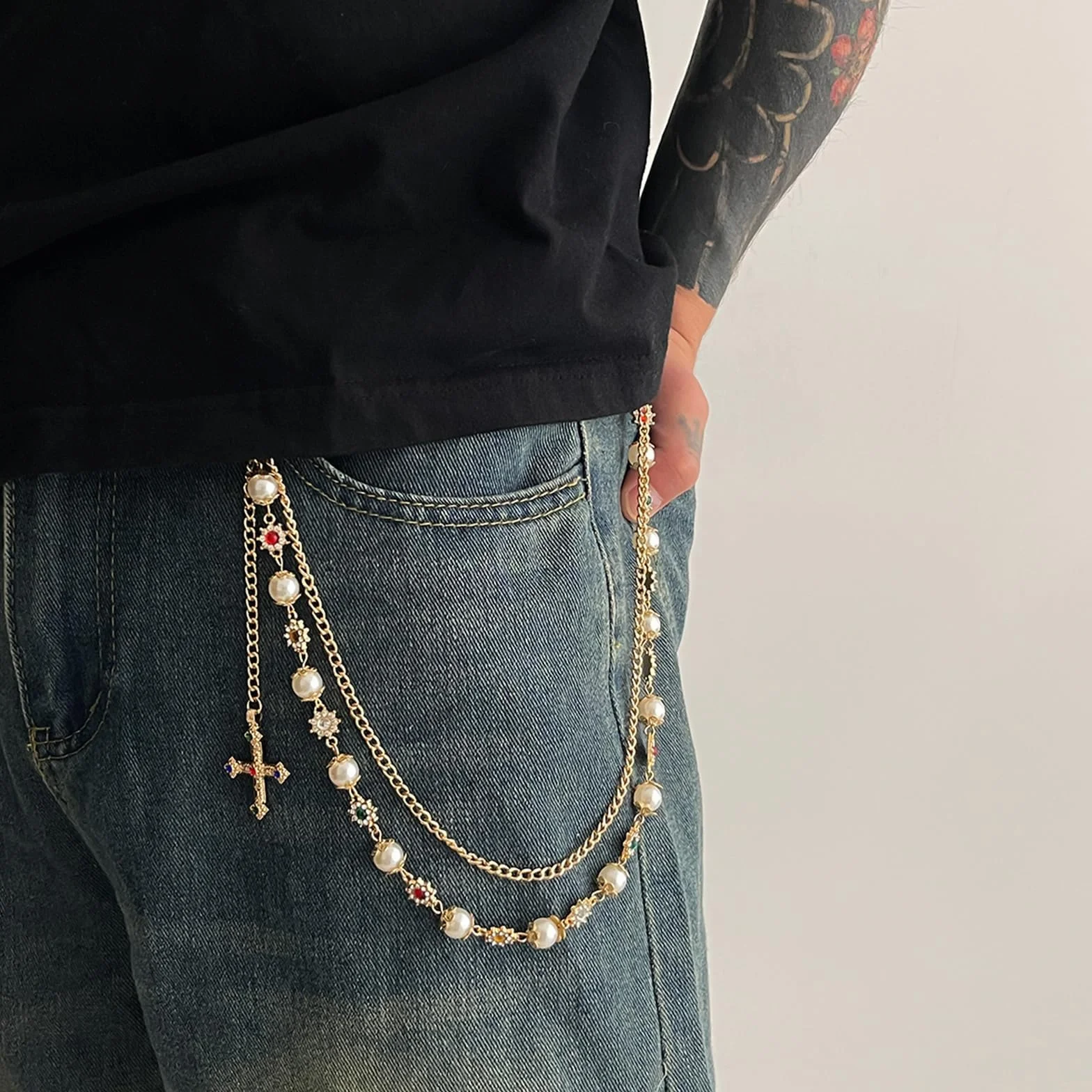 Wielowarstwowy łańcuszek do spodni z koralikami i wisiorkiem w kształcie krzyża, modny dla kobiet i mężczyzn, Punk Y2K Wallet Chain Gold do dżinsów, spodni, kieszeni, sznurka, torebki, portfela