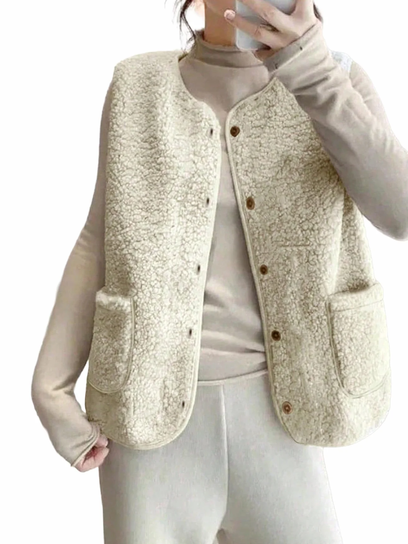 Damska kamizelka bez rękawów Teddy Fleece Dekolt w serek Krótka kamizelka polarowa z guzikami i kieszeniami pikowana kamizelka termiczna ciepła praktyczna kamizelka do układania