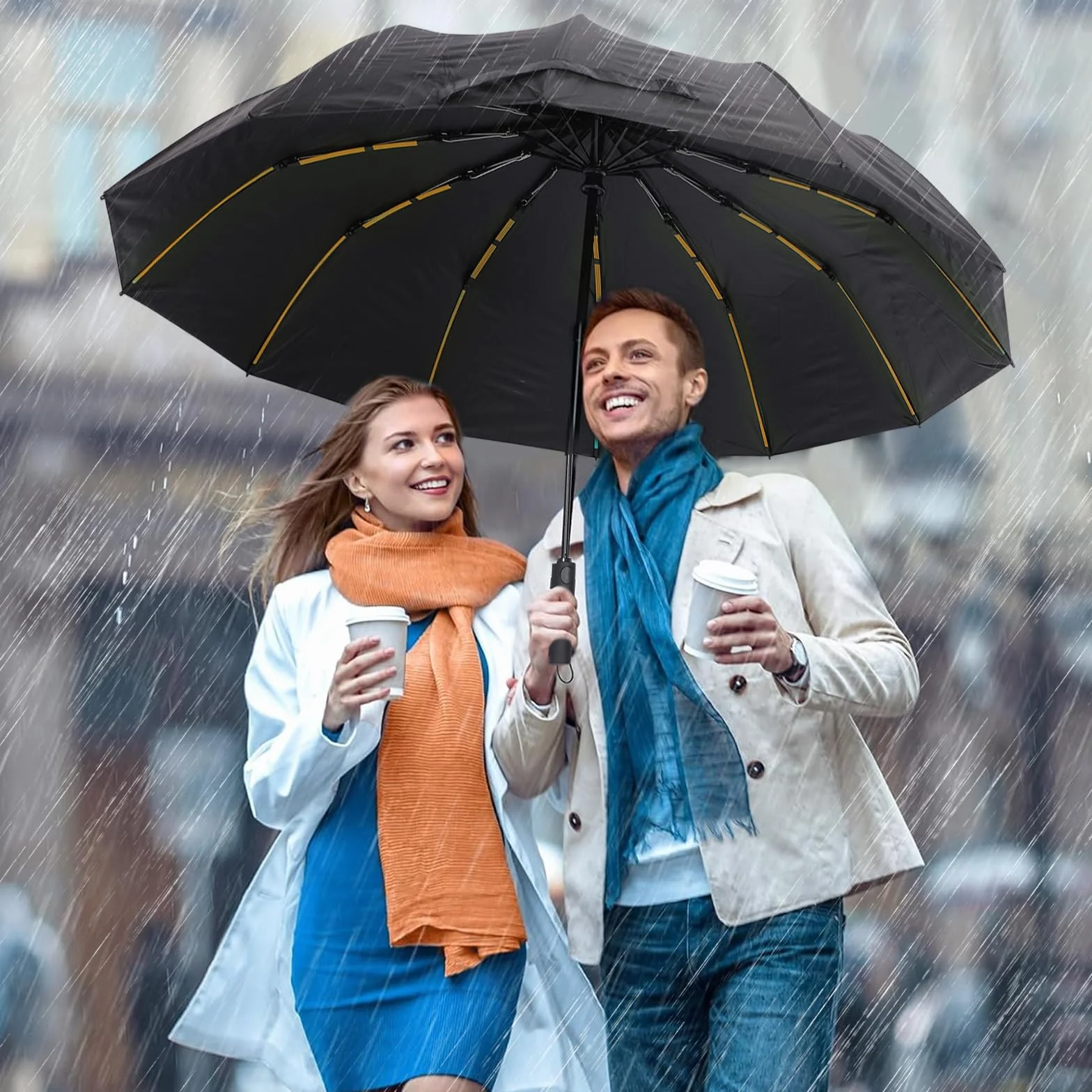 Parasol odporny na burzę - automatyczny, skladany z materiału Pongee, 144 czarne promienie UV, blokuje 99% UV, wiatroszczelny i wodoszczelny, idealny do podróży