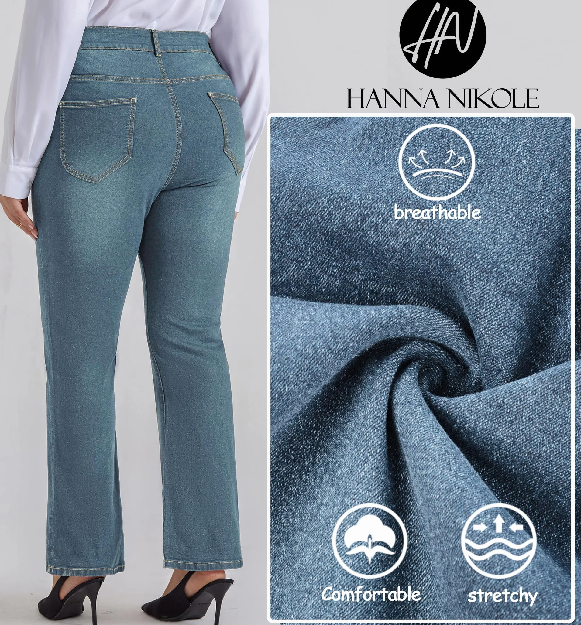 Hanna Nikole Dżinsy damskie, duże rozmiary, bootcut, wysoka talia, elastyczne dżinsy Bootcut