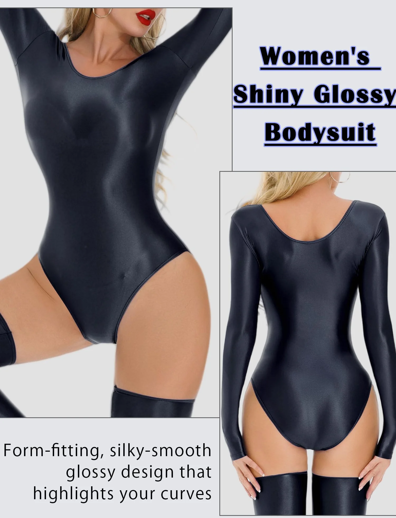 Maeau Damskie body cienkie, przezroczyste, olejne, błyszczące, Leotard, podkreślające figurę, bielizna nocna Babydoll, M-XL