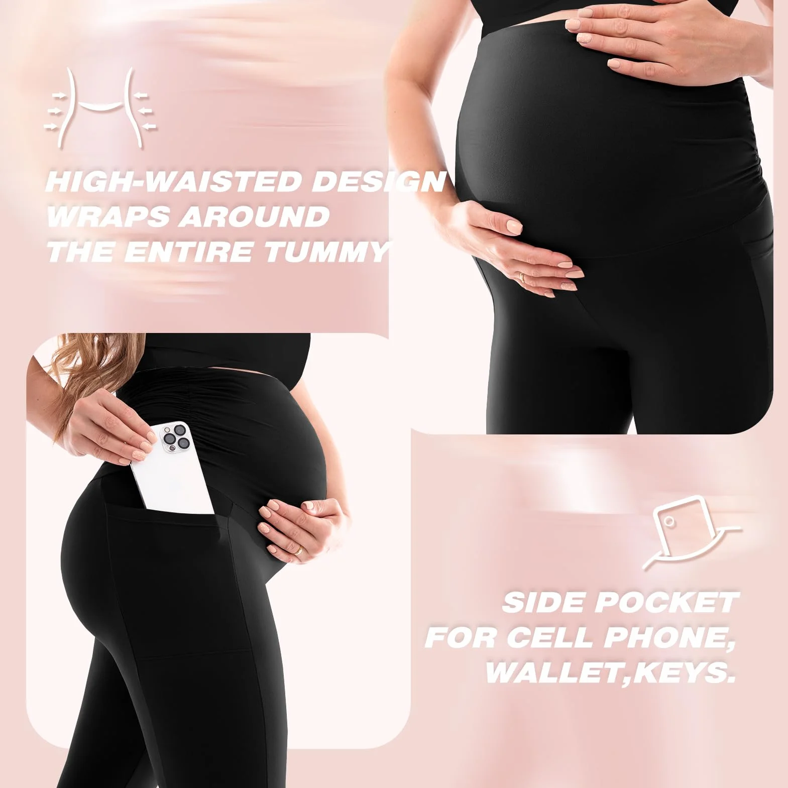 SINOPHANT Damskie legginsy ciążowe z wysoką talią, spodnie ciążowe z kieszeniami, nieprzezroczyste legginsy ciążowe, miękkie, elastyczne, moda ciążowa, do domu, jogi, M