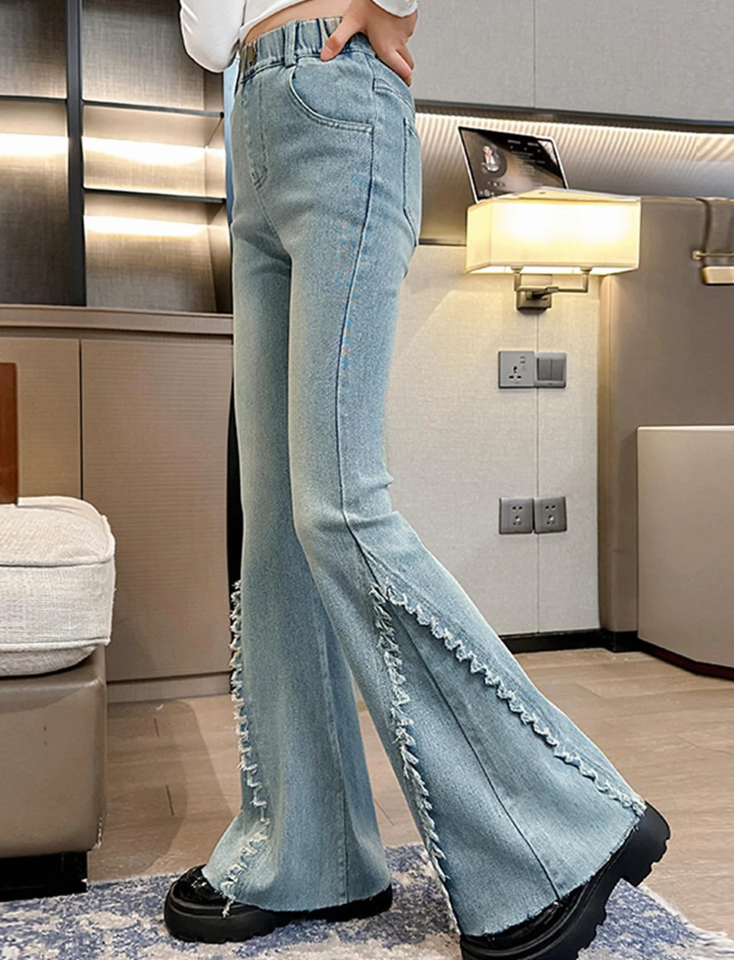SEAUR Dżinsy dziewczęce, spodnie z wysokim stanem, slim fit, spodnie dżinsowe ze stretchu, spodnie z dzwoneczkami z gumowym ściągaczem, jedyne w swoim rodzaju stylowe dżinsy 120-170 = (EU 110-164)