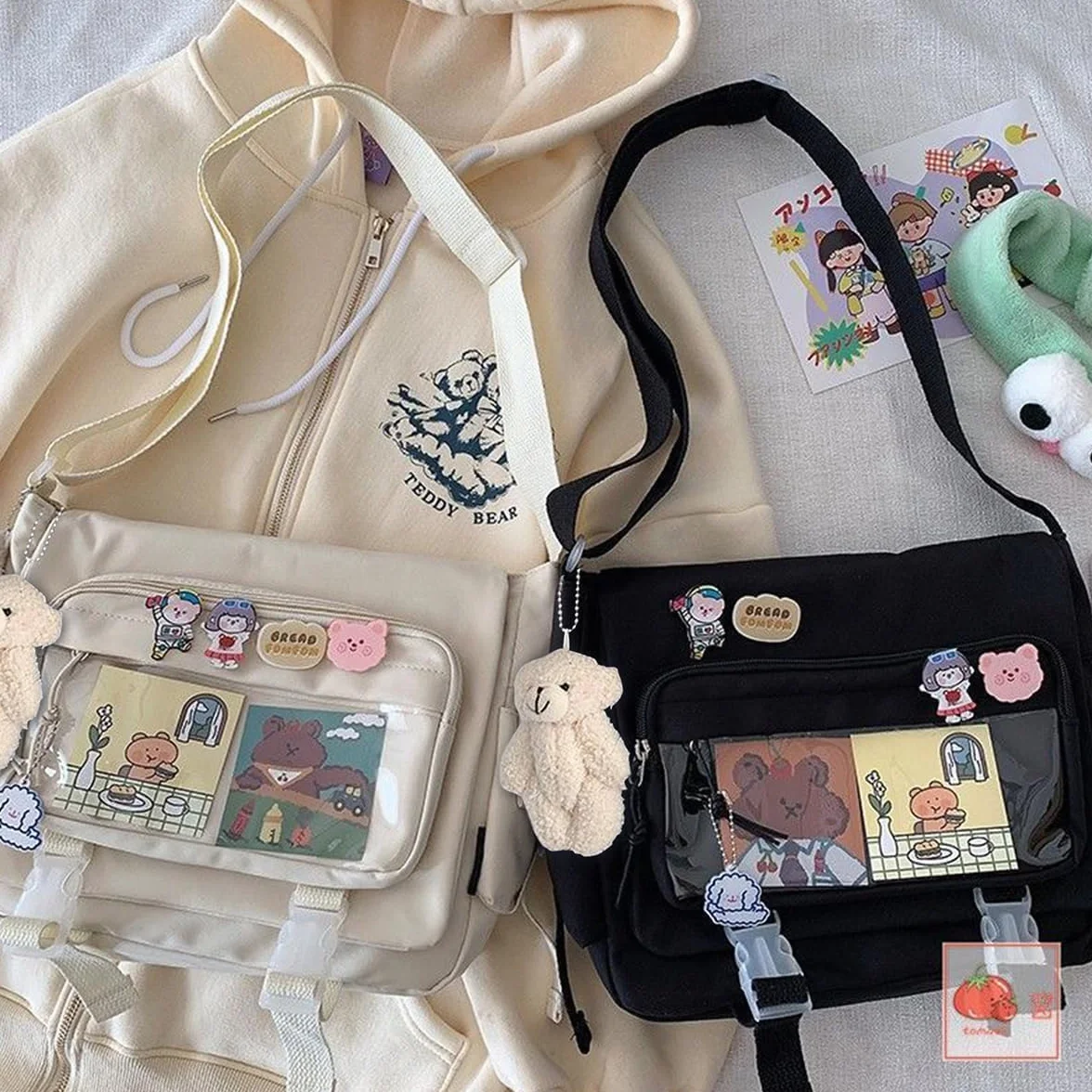 Kawaii Crossbody Ita torba damska z pinami i pluszowym misiem - japońska torba kurierska Y2K torba na ramię