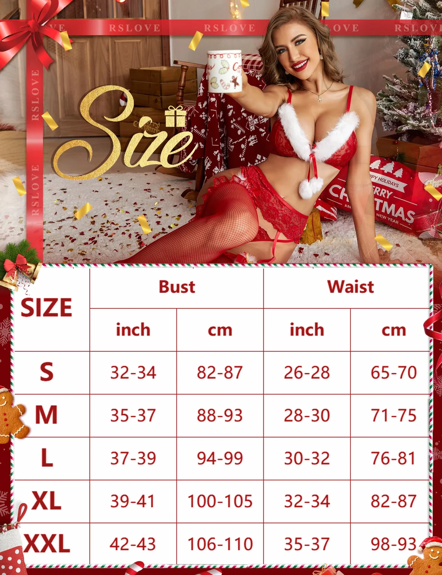 RSLOVE Damski zestaw bielizny bożonarodzeniowej, koronkowy Santa Babydoll z paskiem do pończoch, 3-częściowy