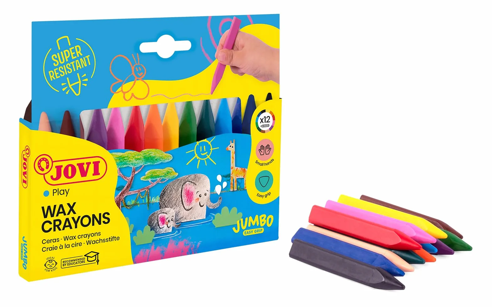 Jovi - Kredki Jumbo Easy Grip, Pudełko na 12 kredek trójkątnych, Różne kolory, Super odporne i wydajne, Bezglutenowe (973/12)