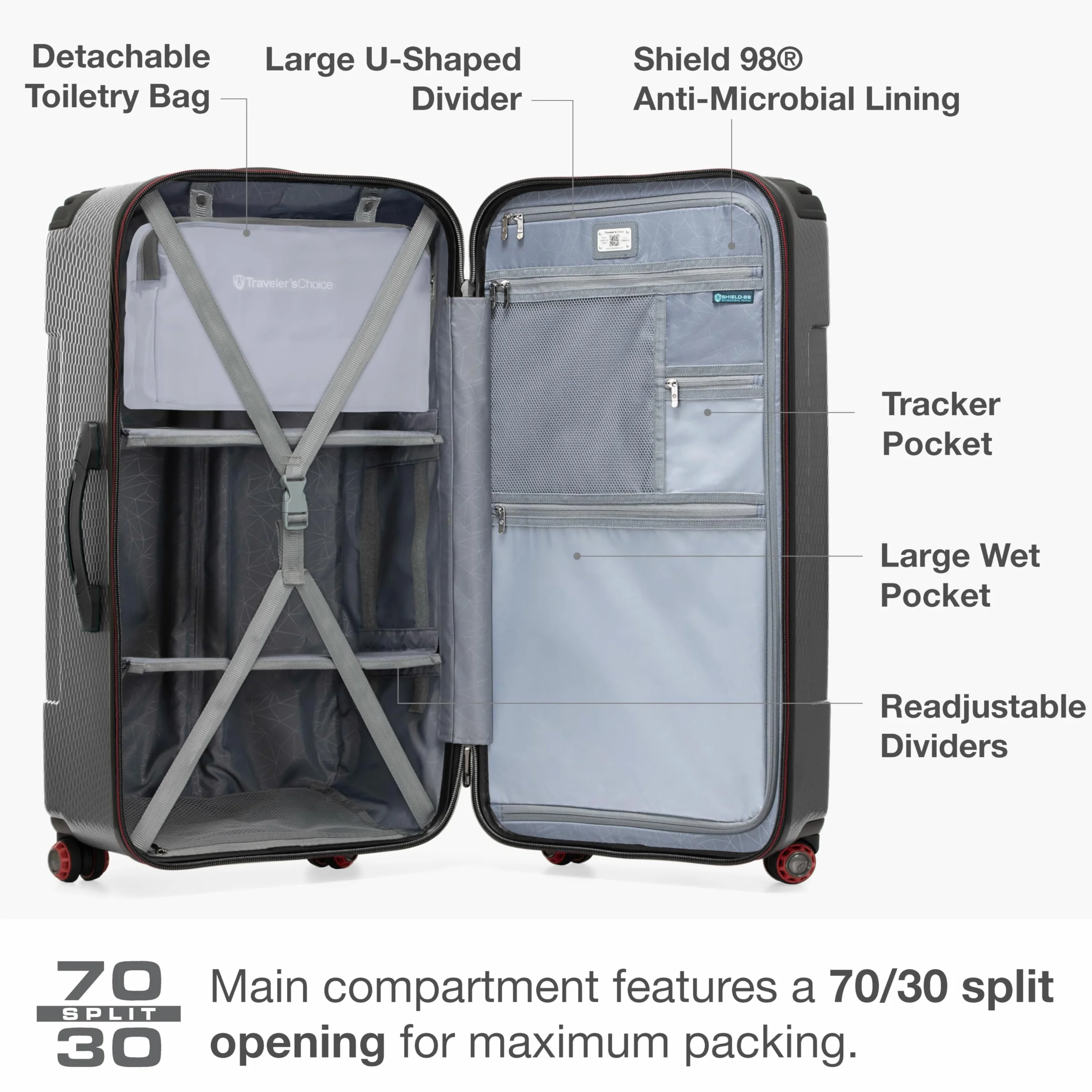 Traveler's Choice Maxporter II twarda walizka bagażowa z poliwęglanu z kołami obrotowymi, Szary, 30" Trunk Luggage