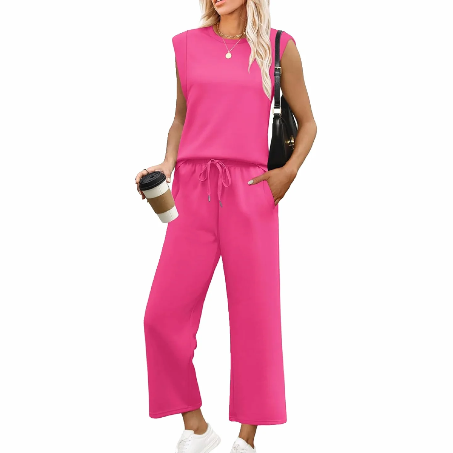 Womens Casual Sleeveless Top and Wide Leg Pants Set 2 Piece Outfit Solid Color Round Neck Lounge Wear Matching Set for Summer Spring Daily Wear