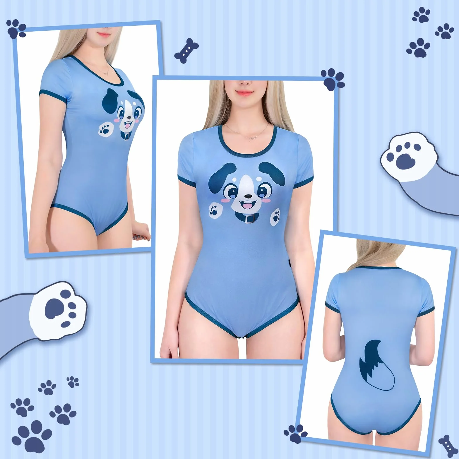 LittleForBig Jedwabiste śpioszki Onesie Piżama Bodysuit - małe niebieskie śpioszki body czysty wzór szczeniaka