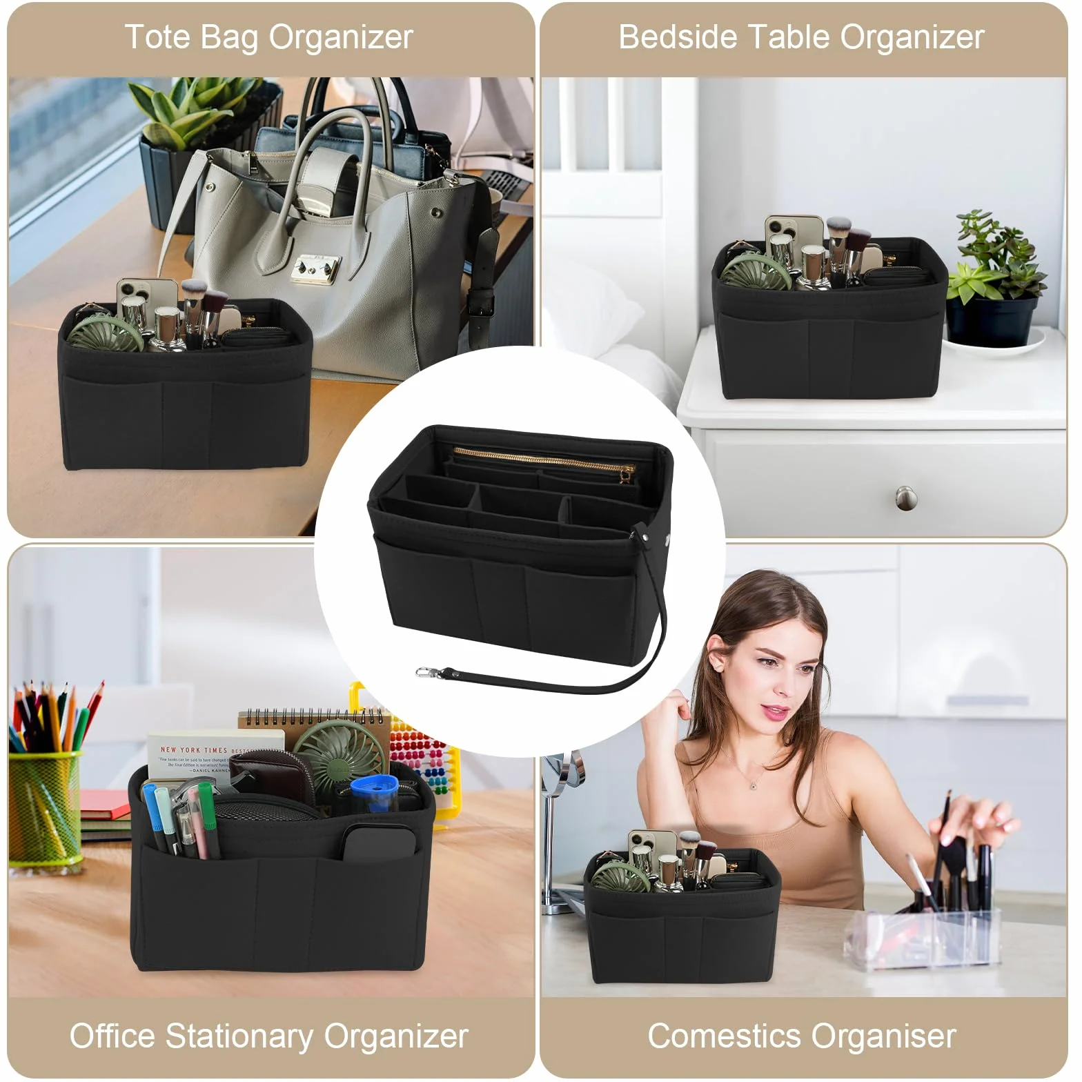 flintronic Filcowy organizer do torebki, organizer do torby na zakupy, torebka z wieloma przegródkami, duża pojemność, dla kobiet, podróżny organizer do makijażu, torba do przechowywania, czarny,