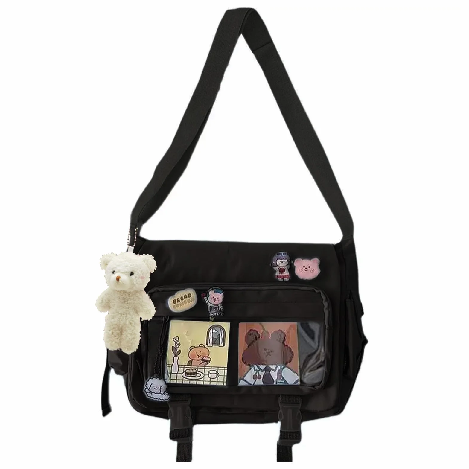 Kawaii Crossbody Ita torba damska z pinami i pluszowym misiem - japońska torba kurierska Y2K torba na ramię