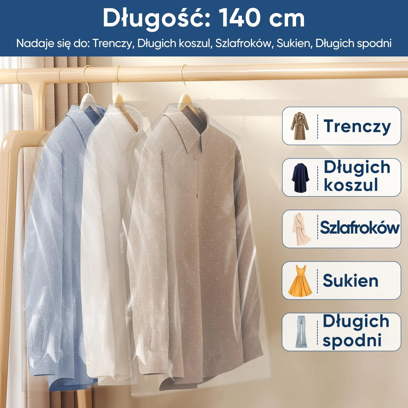 50 szt. przezroczystych pokrowców na ubrania 60 × 140 cm, grube plastikowe pokrowce ochronne na sukienki, garnitury i płaszcze, odporne na kurz i wilgoć