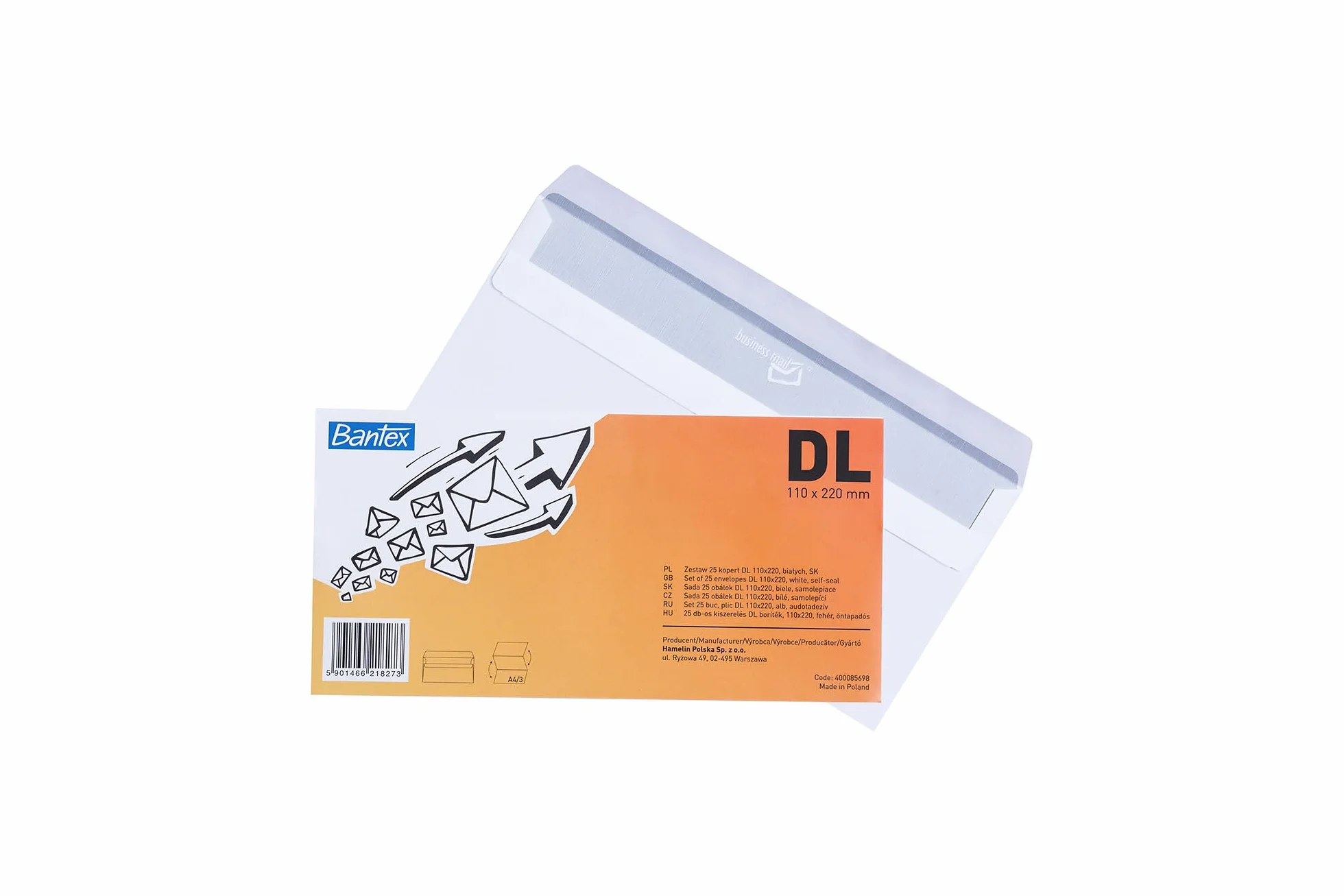 Bantex Samoprzylepne koperty DL (22 x 11 cm), białe, 50 sztuk w opakowaniu foliowym