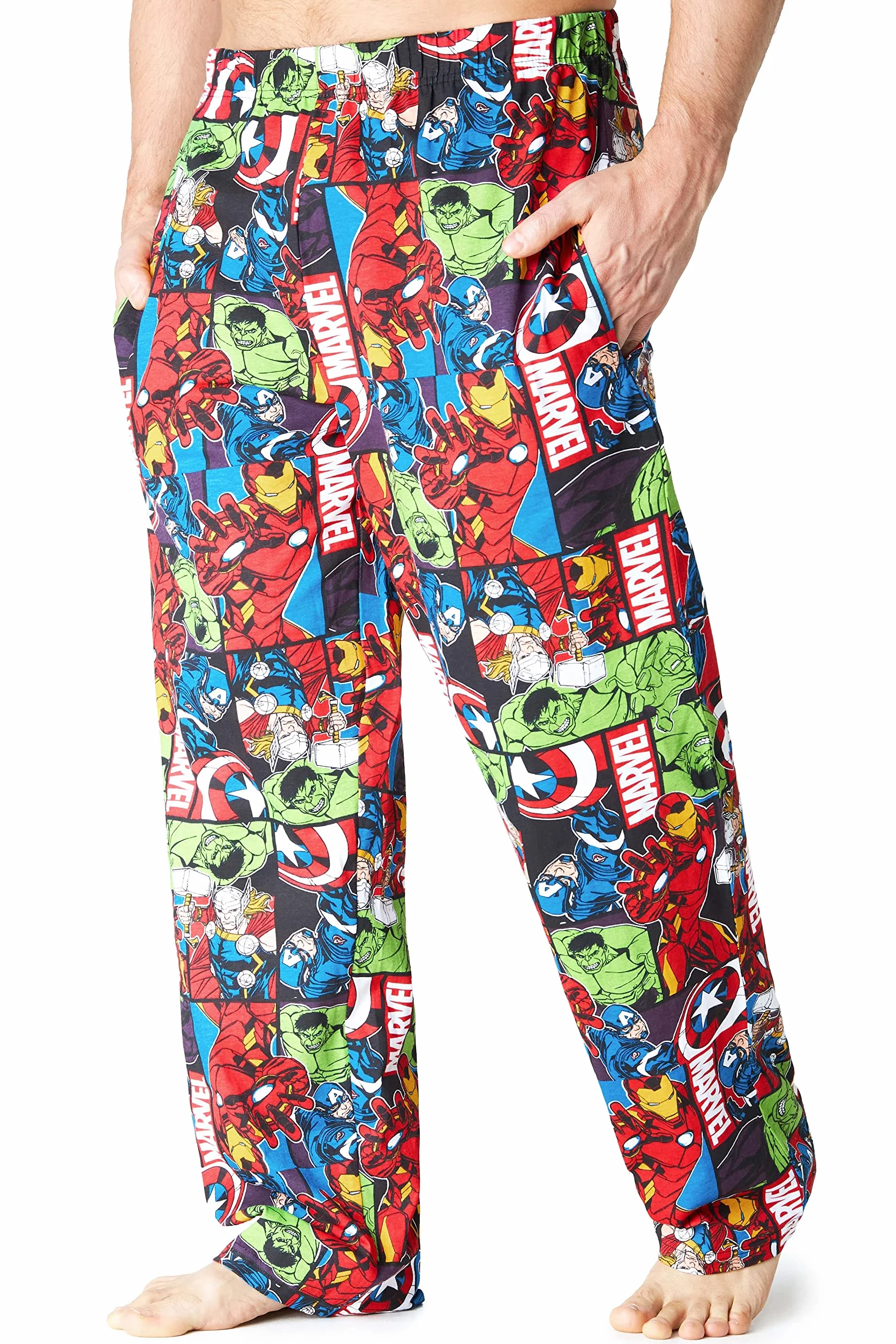 MARVEL Męska piżama, Avengers Lounge Pants Mężczyźni z Kapitanem Ameryką Iron Man Thor i Hulk, 100% bawełna bielizna nocna męskie spodnie piżamowe, oficjalne artykuły prezenty dla mężczyzn nastoletnich chłopców