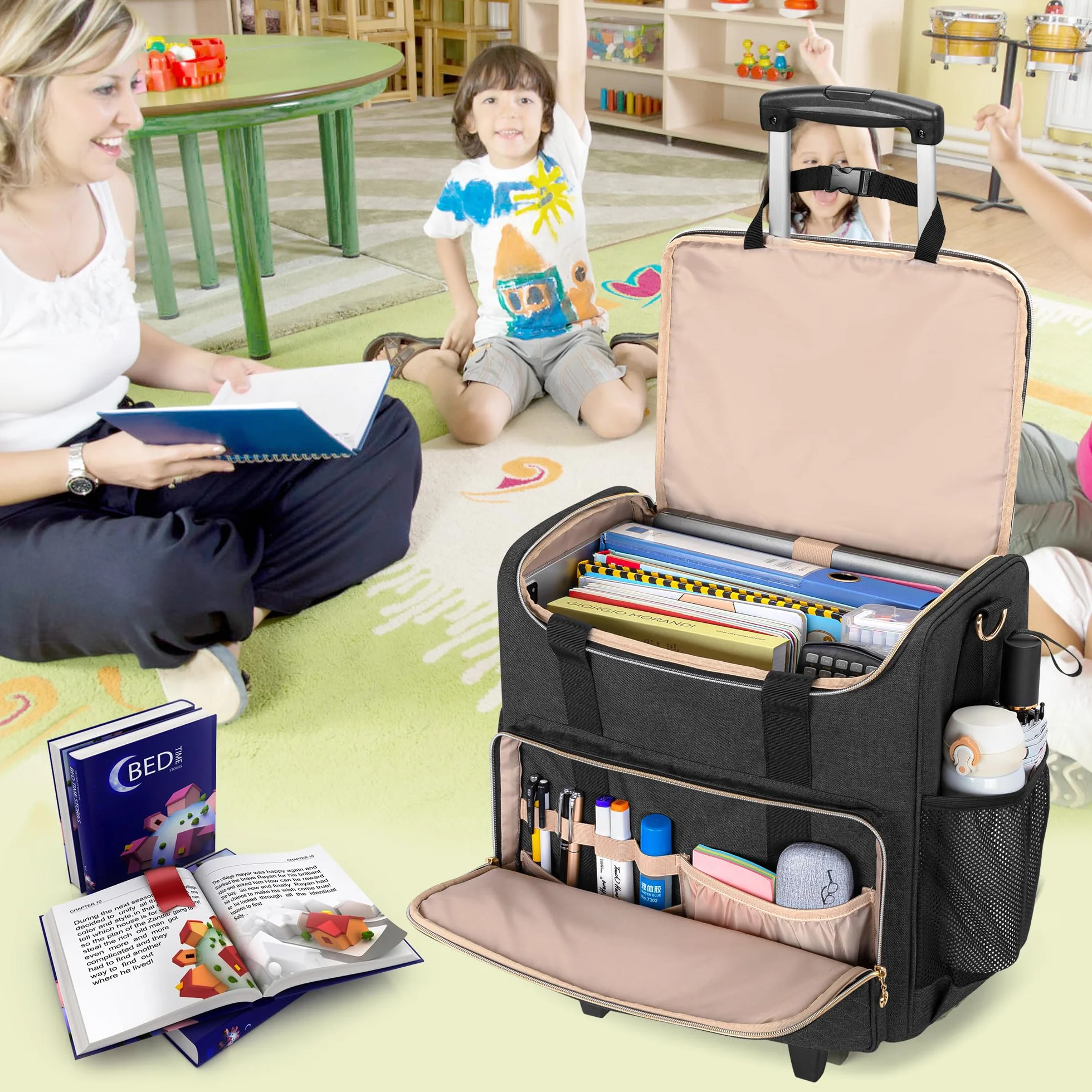 Luxja Torba nauczycielska na kółkach, torba na laptopa z kółkami, torba robocza dla kobiet, torba na dokumenty dla nauczyciela i nauczycielki, (BEZ AKCESORIÓW), Czarna
