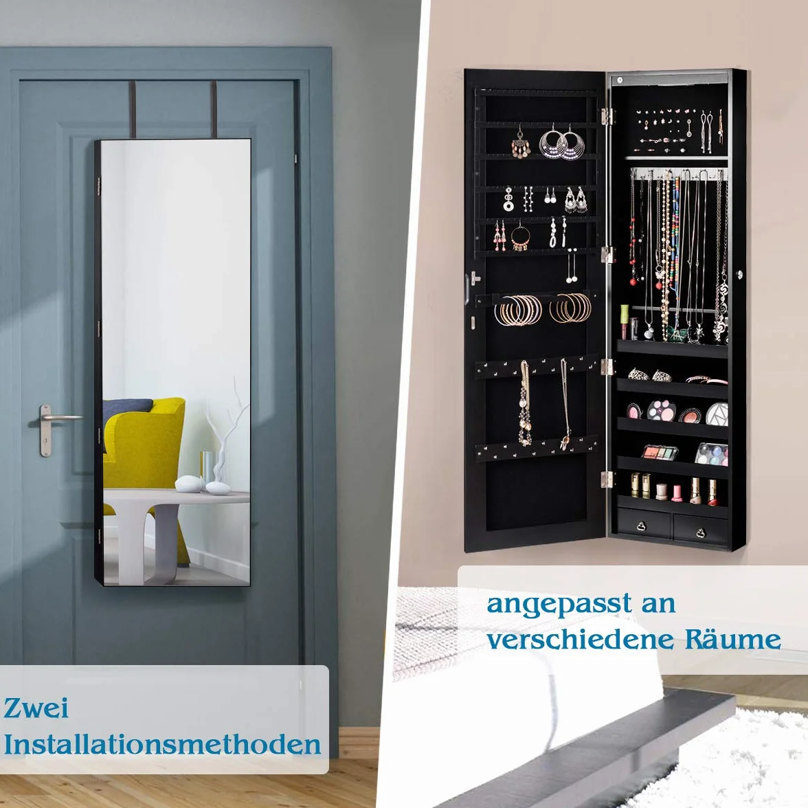 GOPLUS Szafka na biżuterię, szafka z lustrem, wiszący regał na biżuterię z lustrem, z oświetleniem LED, wybór kolorów, na pierścionki, kolczyki, naszyjniki, bransoletki (czarny)