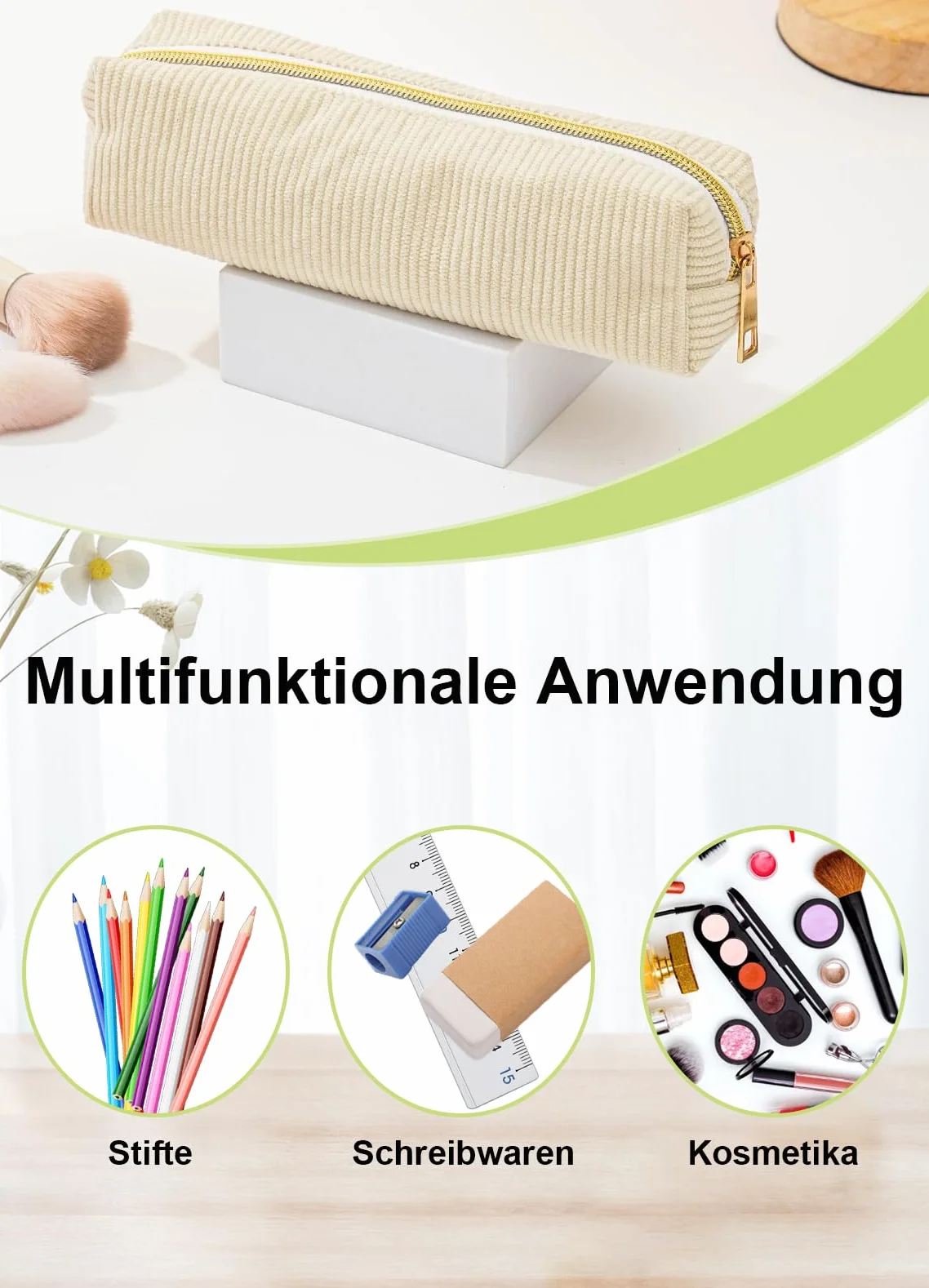 Piórnik ze sztruksu, Piórnik, Przenośny piórnik szkolny Pencil Case, Duża pojemność piórnik z praktycznym zamkiem błyskawicznym, dla nastolatków szkoła, biuro (Beżowy)