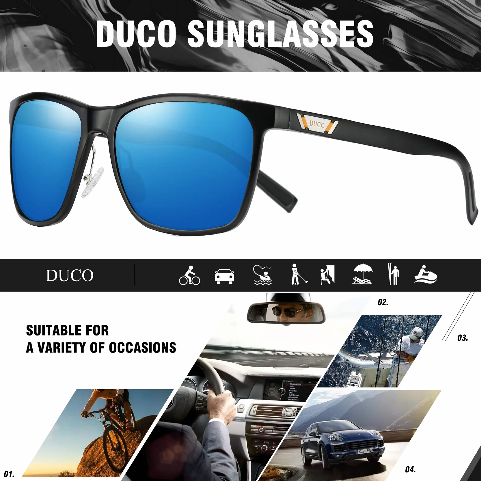DUCO Okulary przeciwsłoneczne z polaryzacją dla mężczyzn z ochroną UV400, retro, prostokątne oprawki, ultralekkie metalowe oprawki, okulary kierowcy, sportowe okulary przeciwsłoneczne 3029H
