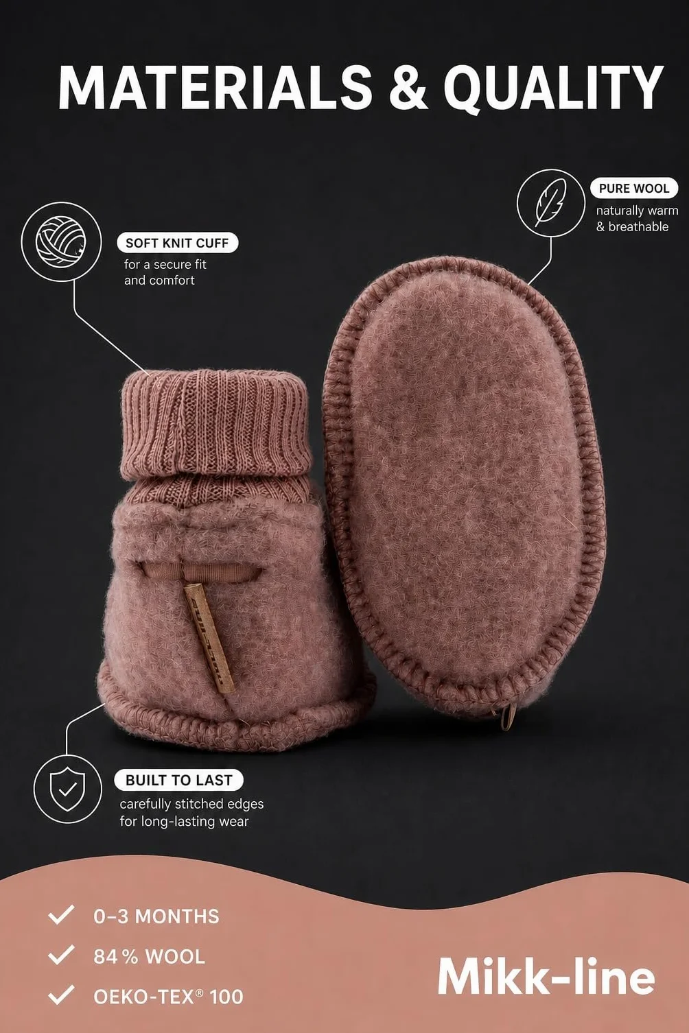 Mikk-line Woll kapcie dziecięce, certyfikat Öko-Tex 100, buty do raczkowania dla dziewczynek i chłopców, wełniane skarpety dziecięce 95% wełna - 100% bez mulesingu | buty do nauki chodzenia dla