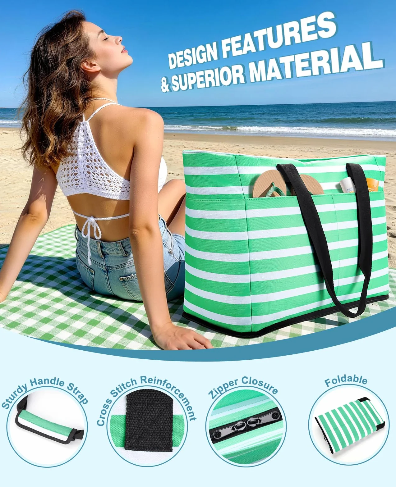 ISEYOU Torba plażowa XXL z torbą chłodzącą, duża torba plażowa z zamkiem błyskawicznym, wodoszczelna, odporna na piasek, torebka damska, 49 l, składana torba kąpielowa, na urlop, podróż, do studia
