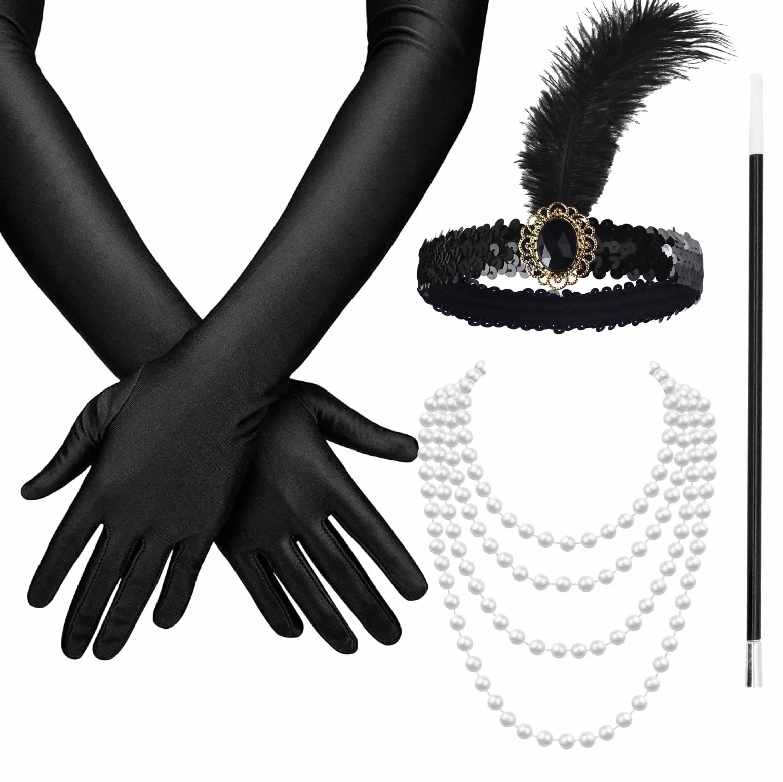 TK Gruppe Timo Klingler Zestaw 20 damskich kostiumów - Charleston Accessories Great Gatsby z rękawiczkami, naszyjnik, opaska na czoło, czarna karnawał i karnawał