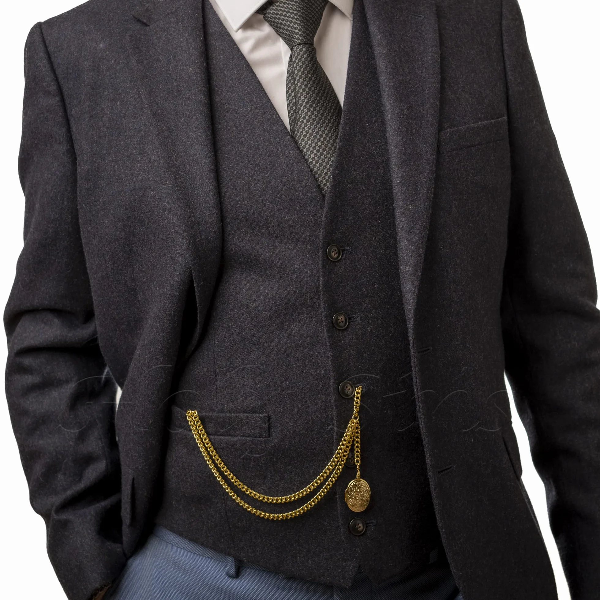 Pocket Watch Chain Złoty łańcuszek do zegarka kieszonkowego z medalionem – styl wiktoriański – podwójny łańcuch typu Albert z zawieszką – 12 cali (30 cm)