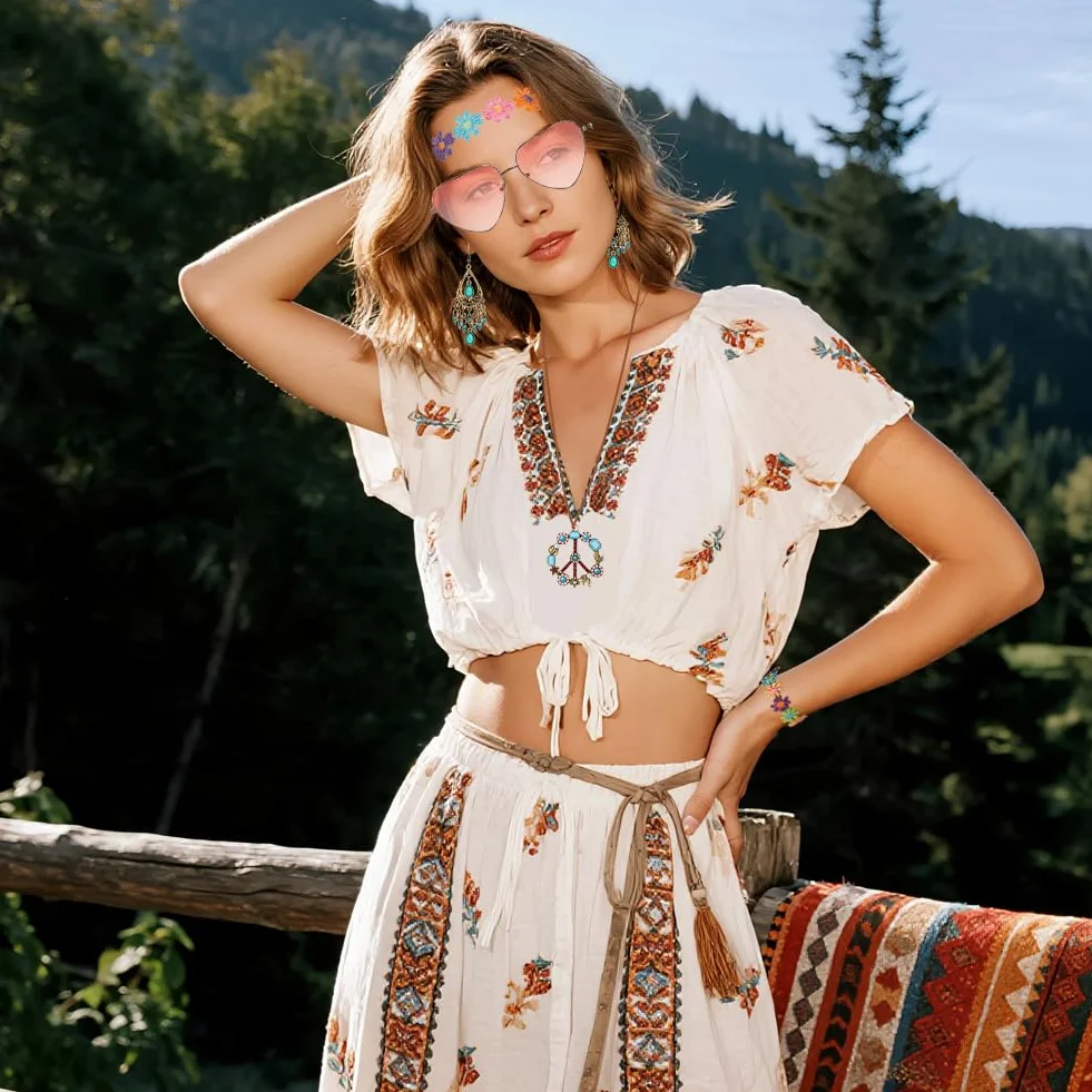 5 sztuk akcesoria hippy kobiety, boho 70 akcesoria dla kobiet dziewcząt z okularami przeciwsłonecznymi różowa stokrotka stokrotka kolczyki naszyjnik hippie bransoletka retro 60s i 70s zestaw mody